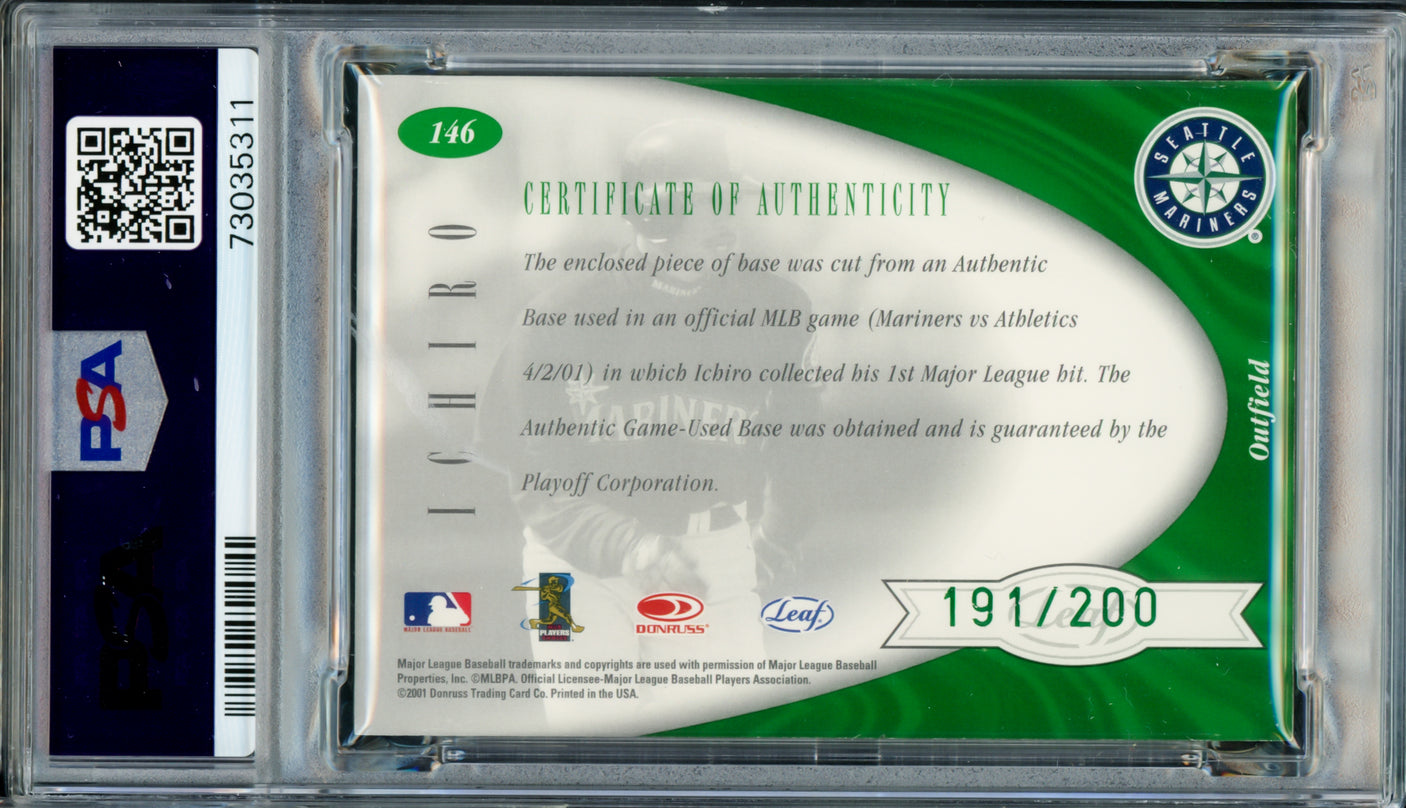 Ichiro Suzuki Autographed 2001 Leaf Certified Material Rookie Card #146 Seattle Mariners PSA 7 Auto Grade Gem Mint 10 "01 ROY/MVP" With Game Used Base #191/200 PSA/DNA #73035311