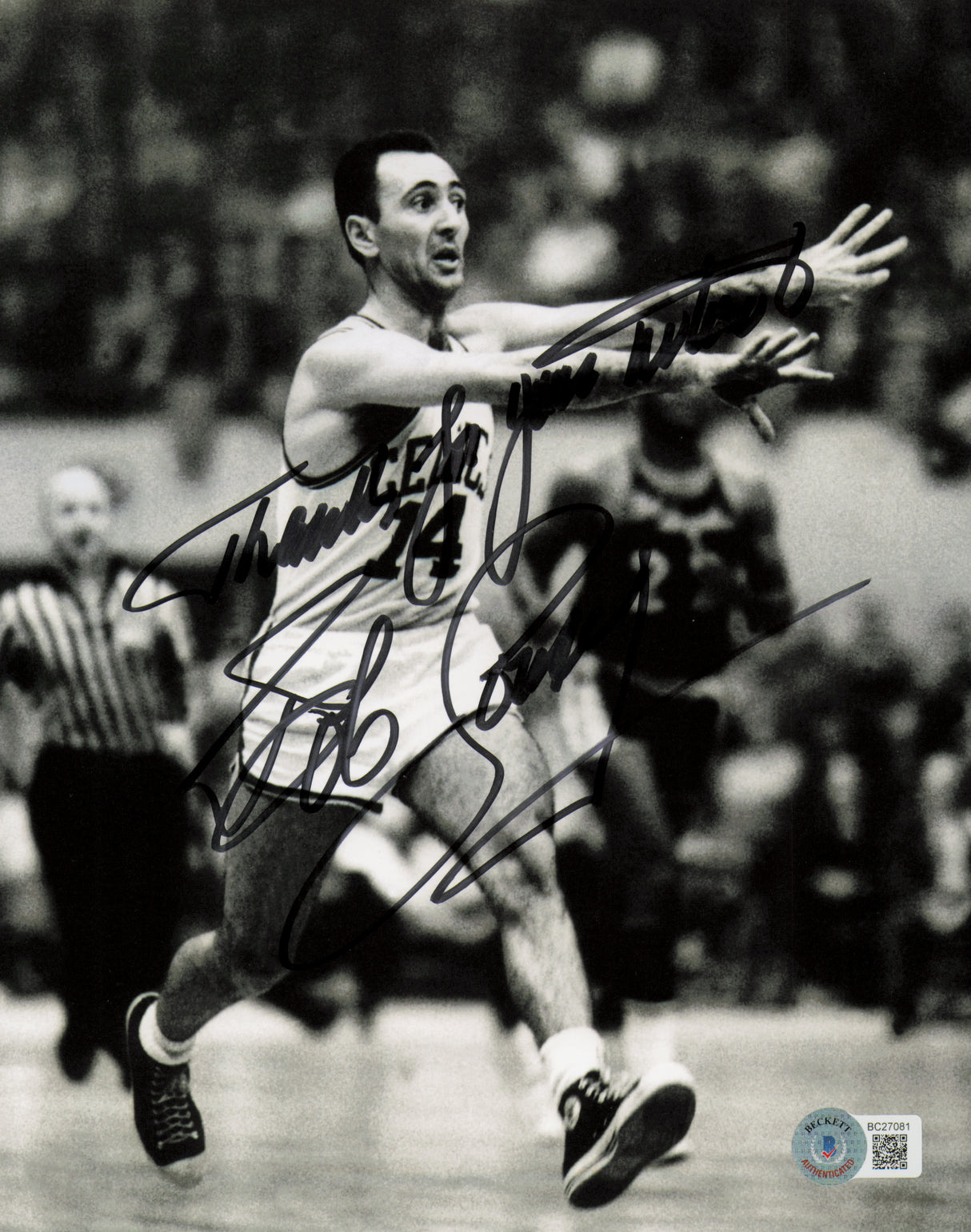 Bob Cousy Autographed 8x10 Photo Boston Celtics "Thanks For Your Wishes" Beckett BAS QR #BC27081