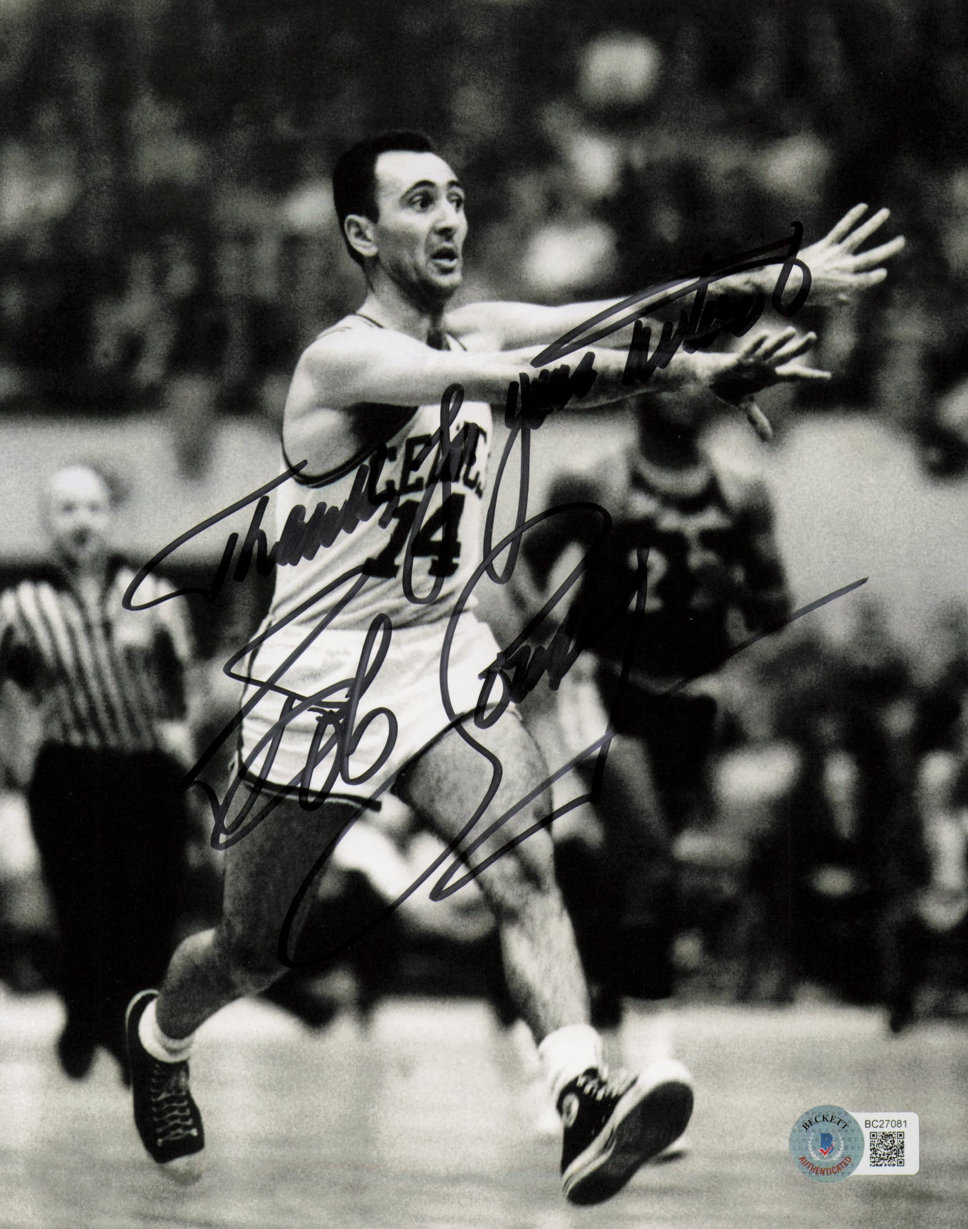 Bob Cousy Autographed 8x10 Photo Boston Celtics "Thanks For Your Wishes" Beckett BAS QR #BC27081