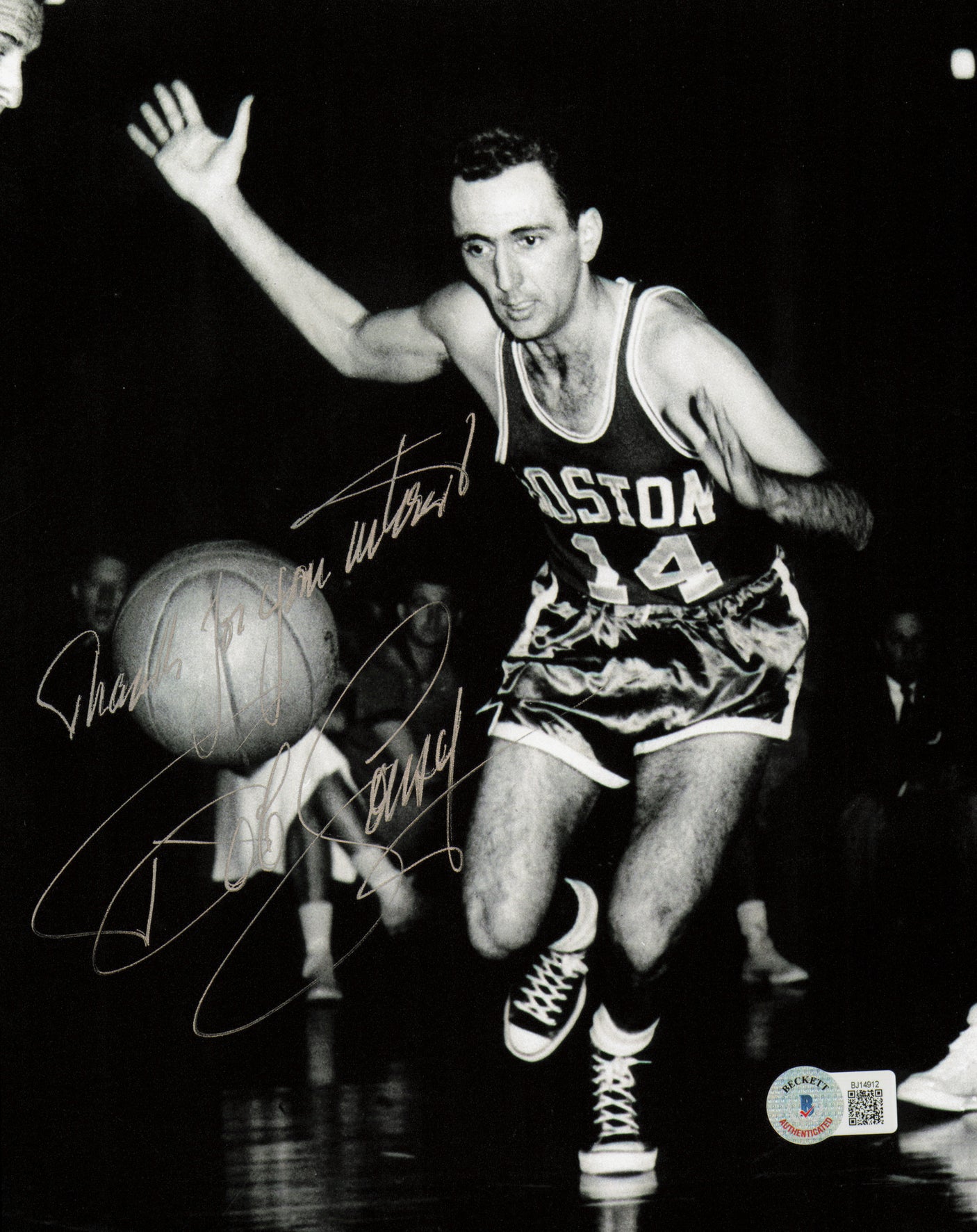 Bob Cousy Autographed 8x10 Photo Boston Celtics "Thanks For Your Wishes" Beckett BAS QR #BJ14912