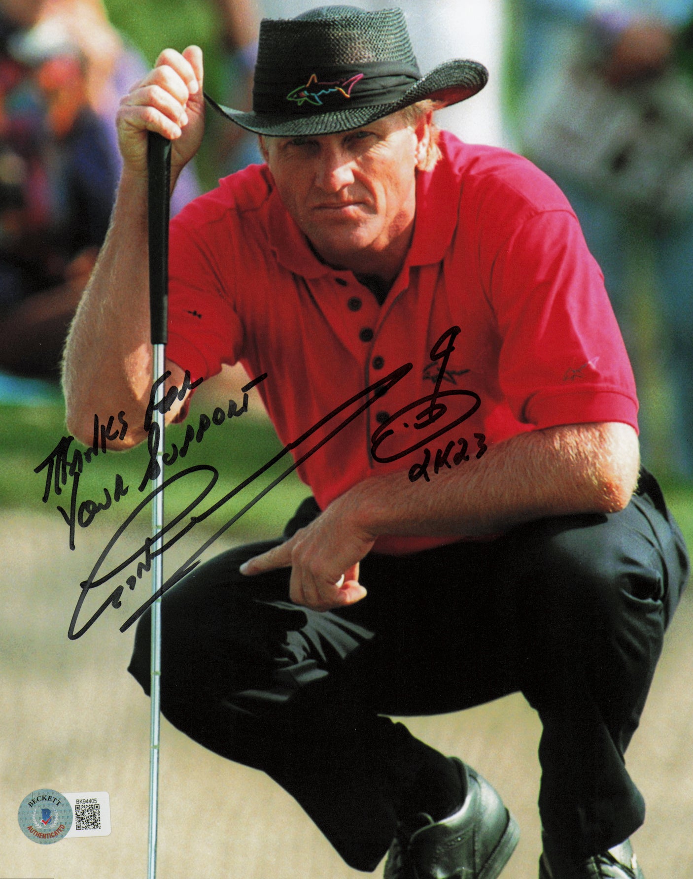 Greg Norman Autographed 8x10 Photo Golf "Thanks For Your Support" (Removed Personalization) Beckett BAS QR #BK94405