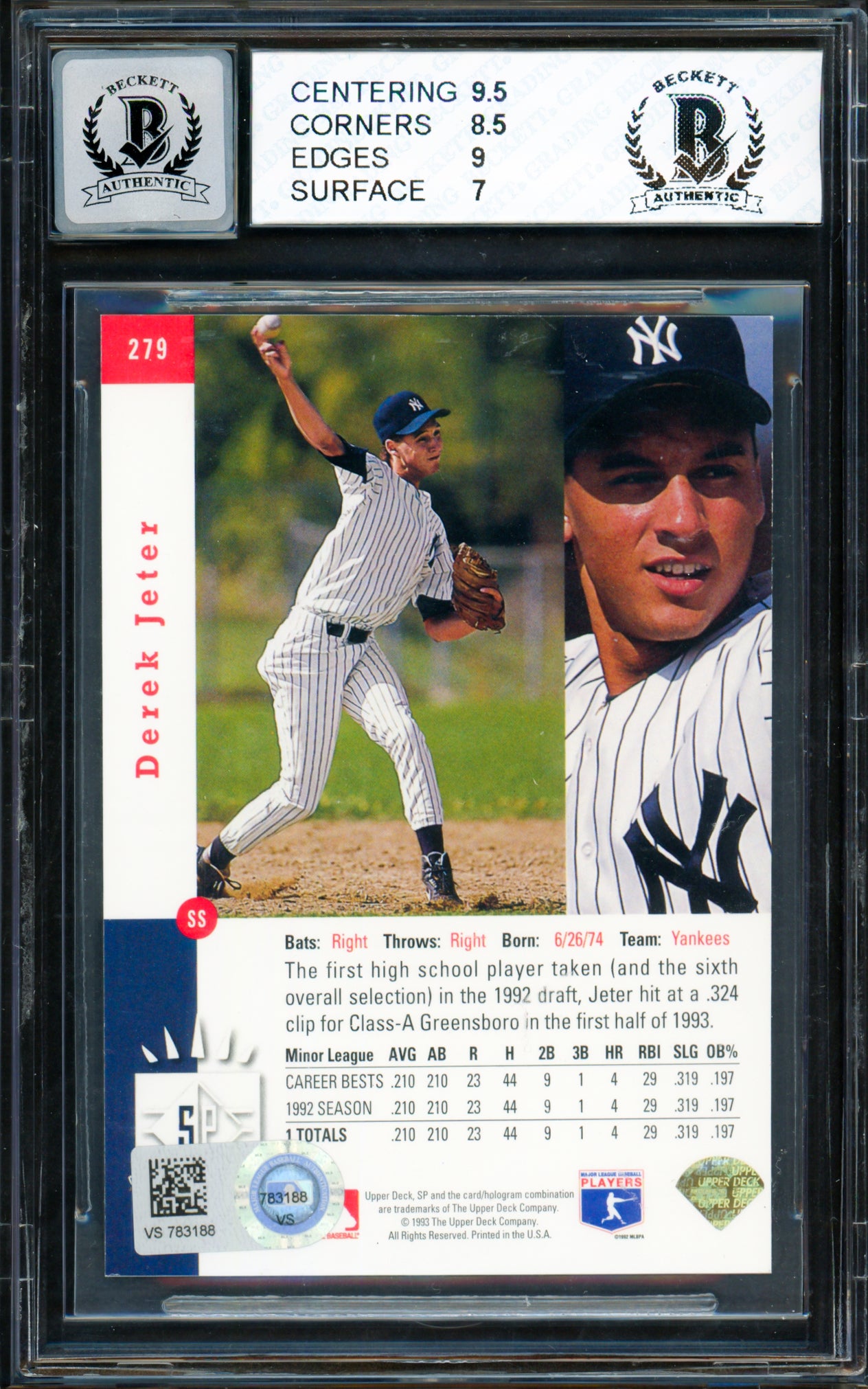 Derek Jeter Autographed 1993 Upper Deck SP Rookie Card #279 New York Yankees BGS 8 Auto Grade Gem Mint 10 "Captain 6-3-03 HOF 2020" Beckett BAS #13991301