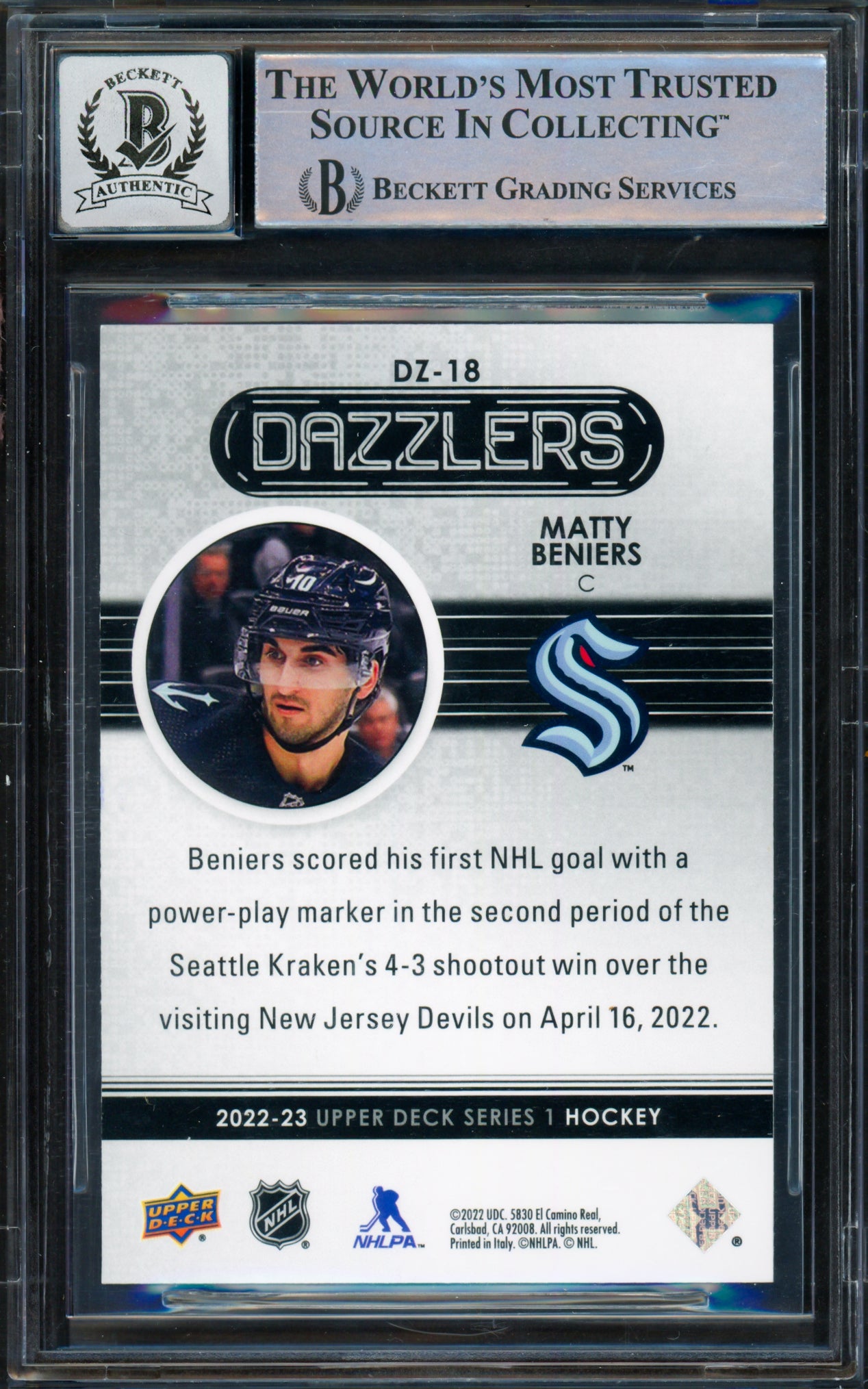 Matty Beniers Autographed 2022-23 Upper Deck Dazzlers Blue Rookie Card #DZ18 Seattle Kraken Auto Grade Gem Mint 10 "#10" Beckett BAS #16541856