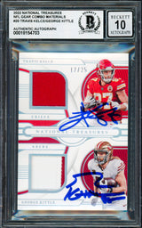 Travis Kelce & George Kittle Autographed 2022 National Treasures NFL Gear Combo Materials Card #20 Auto Grade Gem Mint 10 #17/25 Beckett BAS #18154703