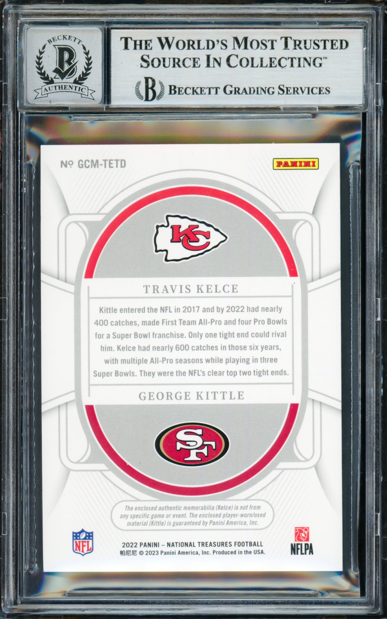 Travis Kelce & George Kittle Autographed 2022 National Treasures NFL Gear Combo Materials Card #20 Auto Grade Gem Mint 10 #17/25 Beckett BAS #18154703