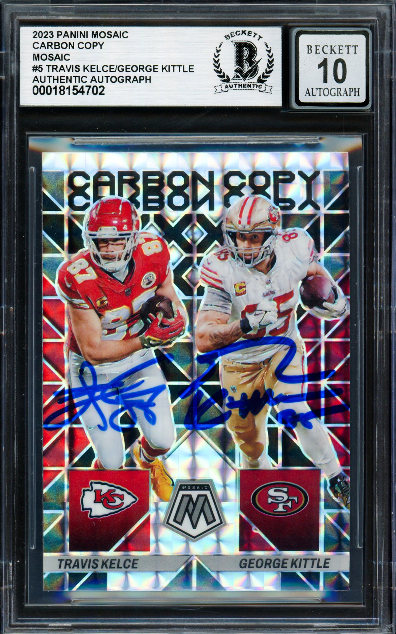 Travis Kelce & George Kittle Autographed 2023 Panini Mosaic Carbon Copy Card #5 Auto Grade Gem Mint 10 Beckett BAS #18154702