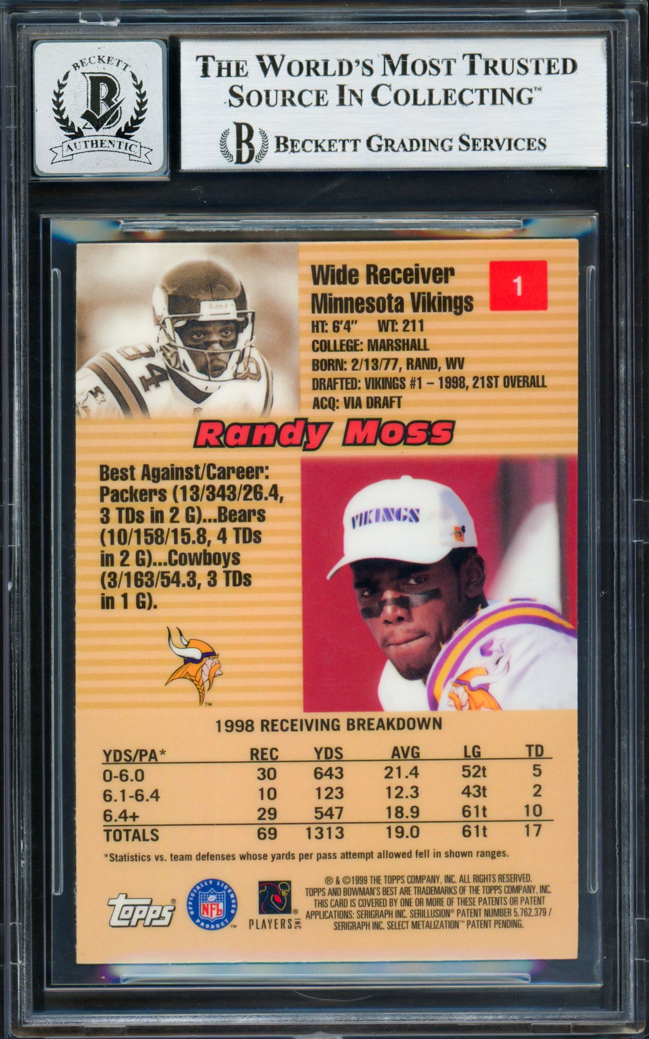 Randy Moss Autographed 1999 Bowman's Best Card #1 Minnesota Vikings Auto Grade Gem Mint 10 Beckett BAS #18155192