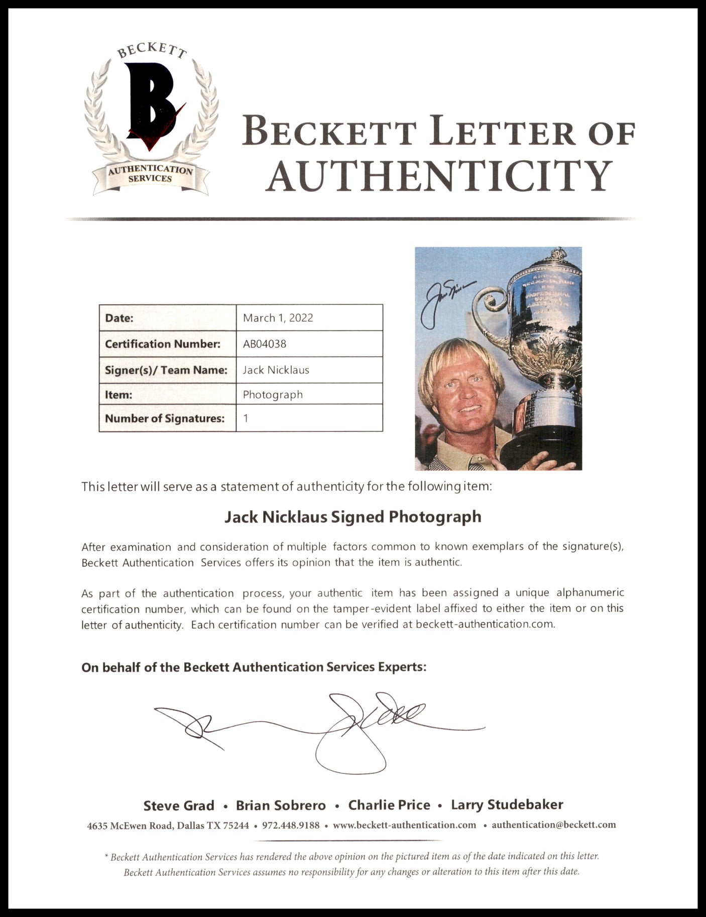 Jack Nicklaus Autographed 8x10 Photo Golf Beckett BAS #AB04038