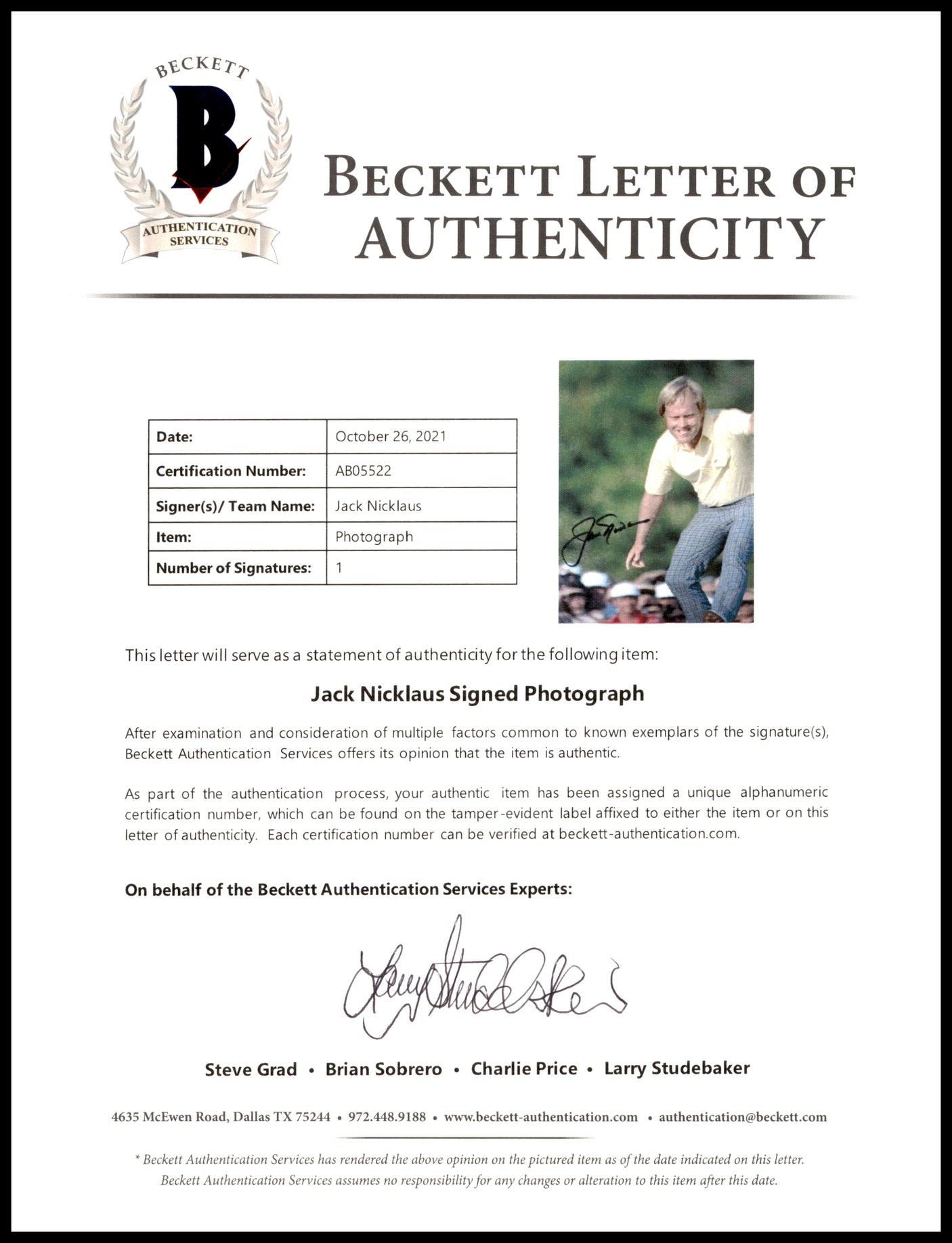 Jack Nicklaus Autographed 8x10 Photo Golf Beckett BAS #AB05522