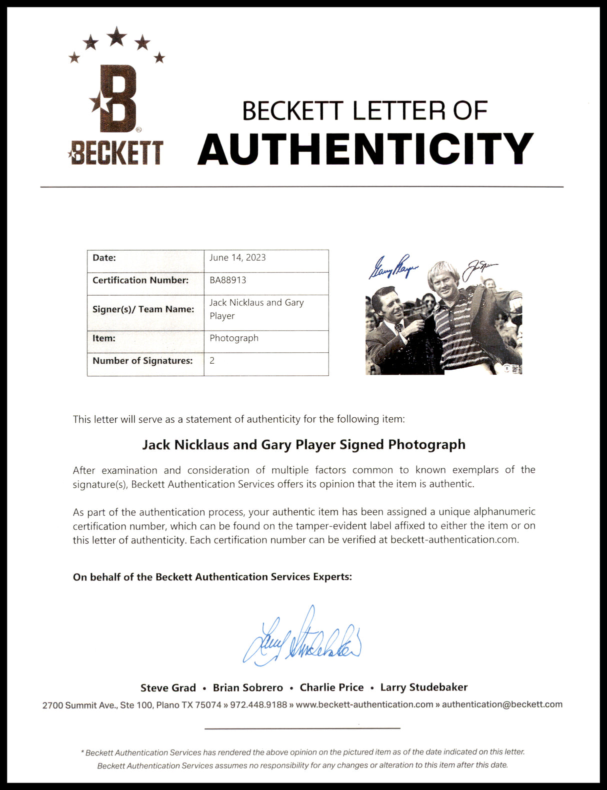 Jack Nicklaus & Gary Player Autographed 8x10 Photo Golf Beckett BAS #BA88913