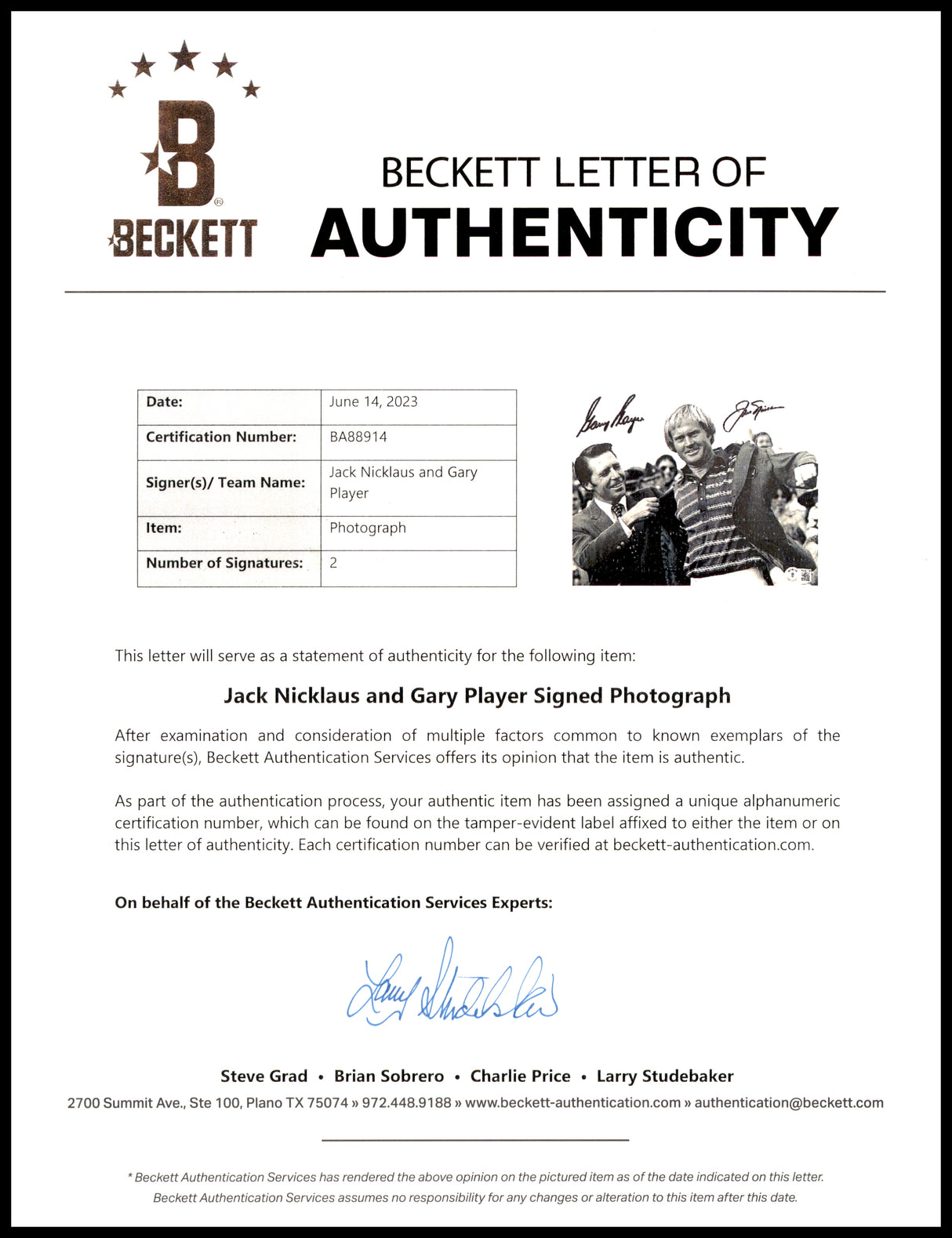 Jack Nicklaus & Gary Player Autographed 8x10 Photo Golf Beckett BAS #BA88914