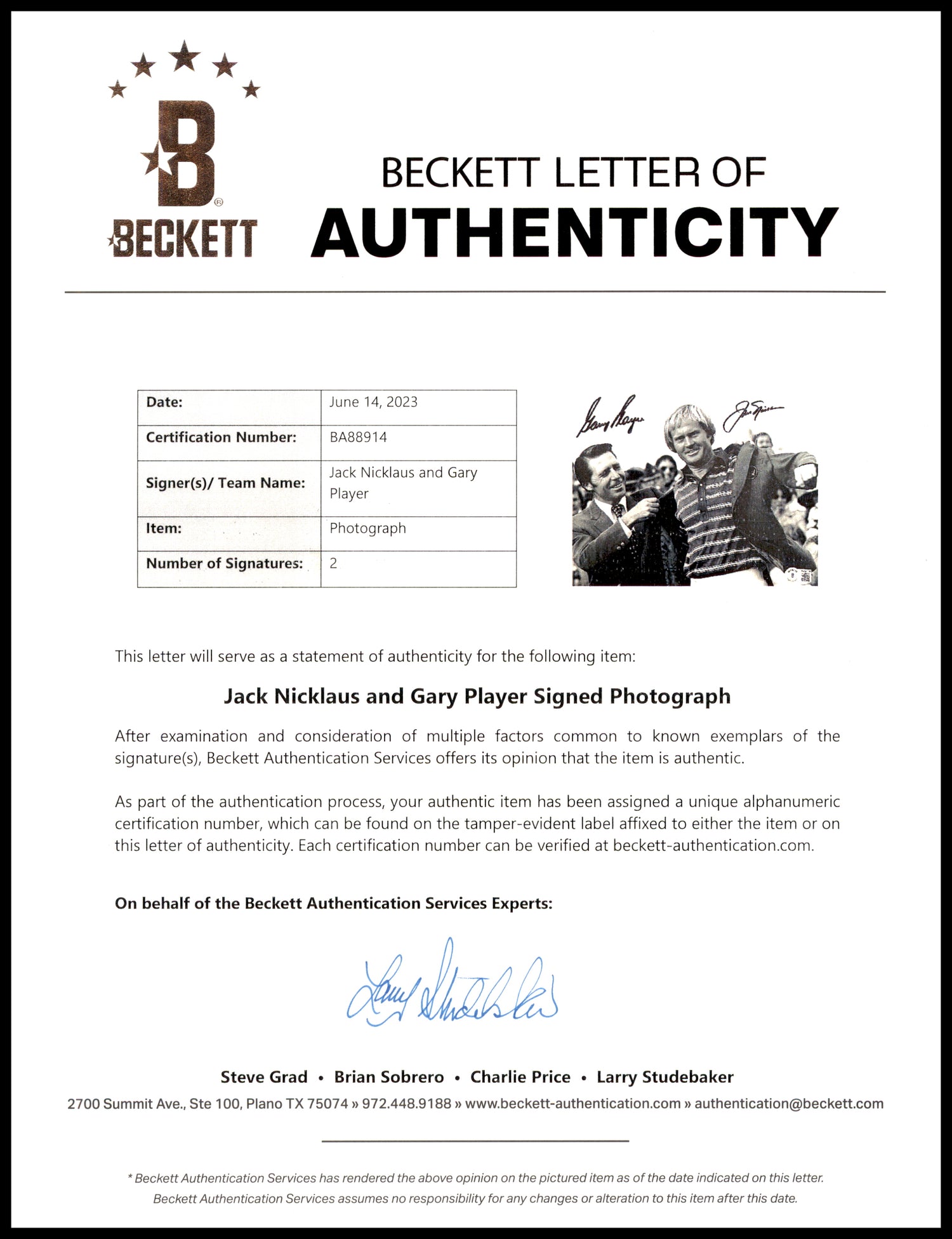 Jack Nicklaus & Gary Player Autographed 8x10 Photo Golf Beckett BAS #BA88914