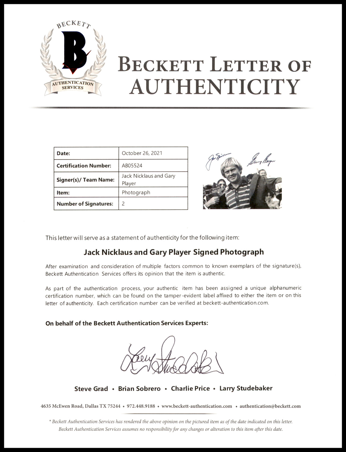 Jack Nicklaus & Gary Player Autographed 8x10 Photo Golf Beckett BAS #AB05524