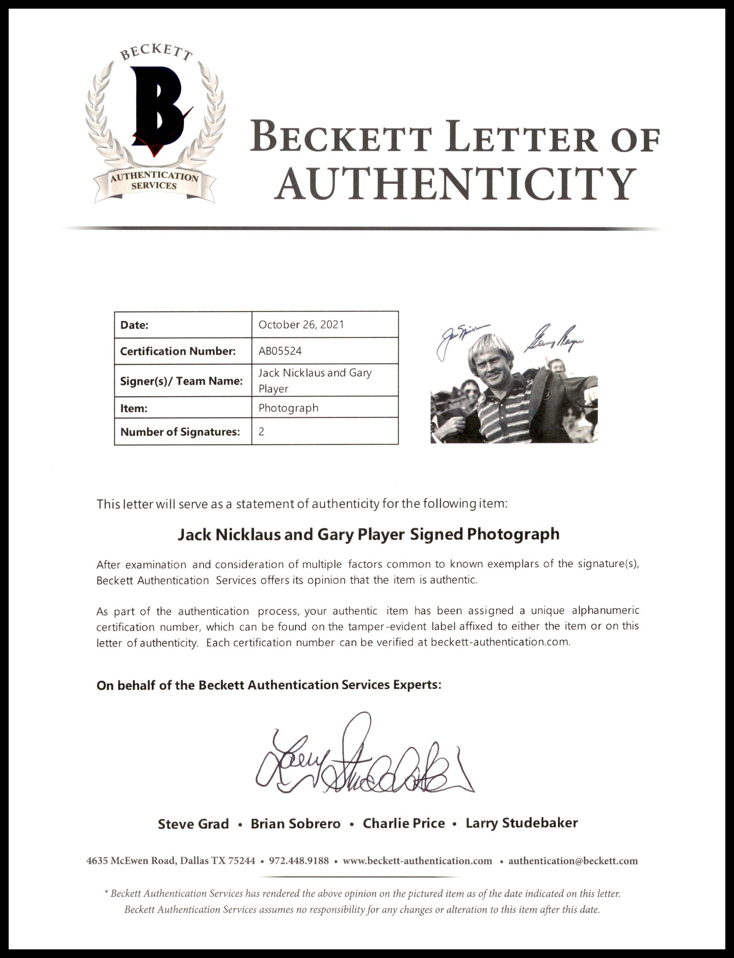 Jack Nicklaus & Gary Player Autographed 8x10 Photo Golf Beckett BAS #AB05524