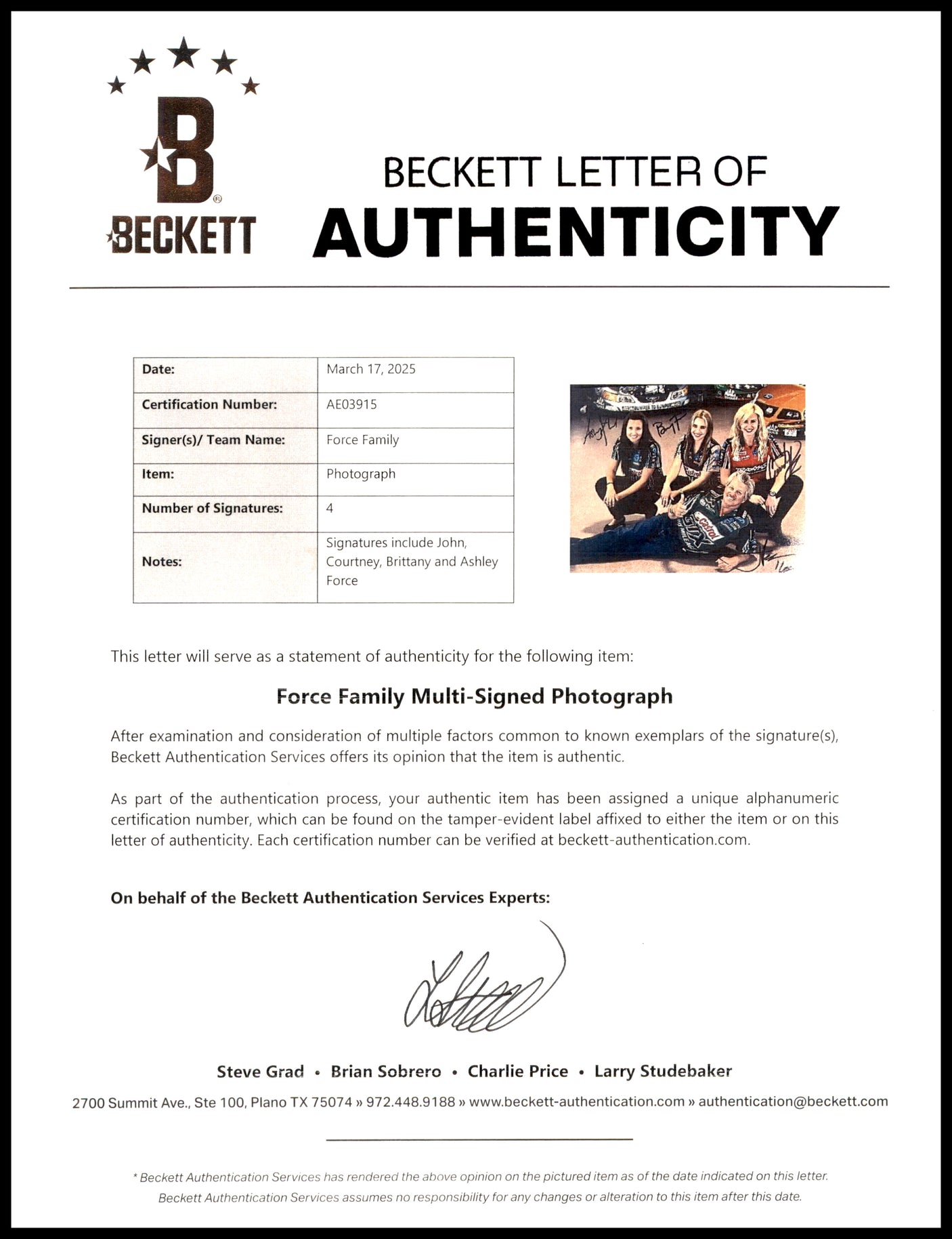 Force Family Multi-Signed Autographed 8x10 Photo NHRA With 4 Signatures Including John Force Beckett BAS #AE03915