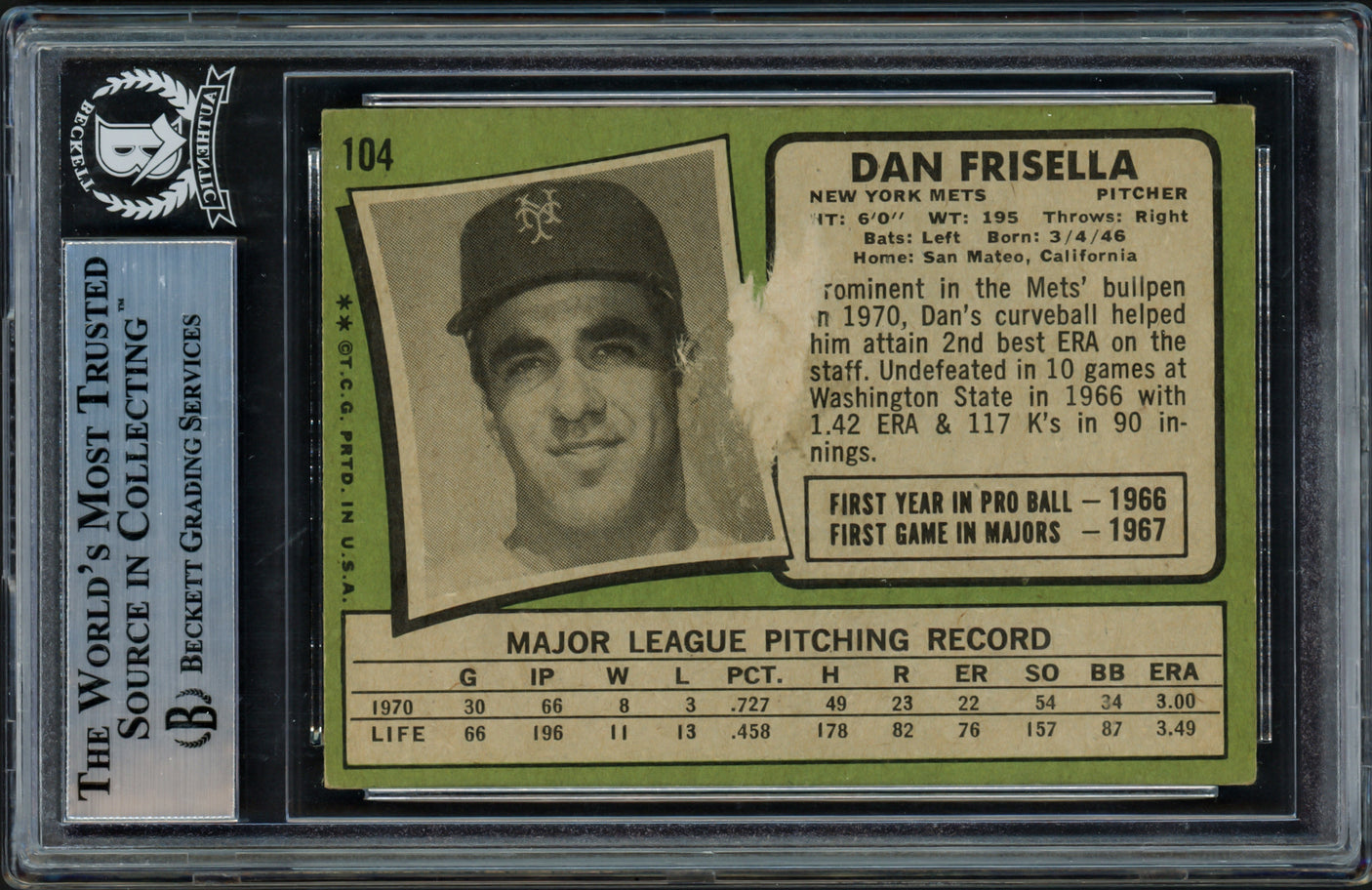 Dan Frisella Autographed 1971 Topps Card #104 New York Mets Beckett BAS #11627953