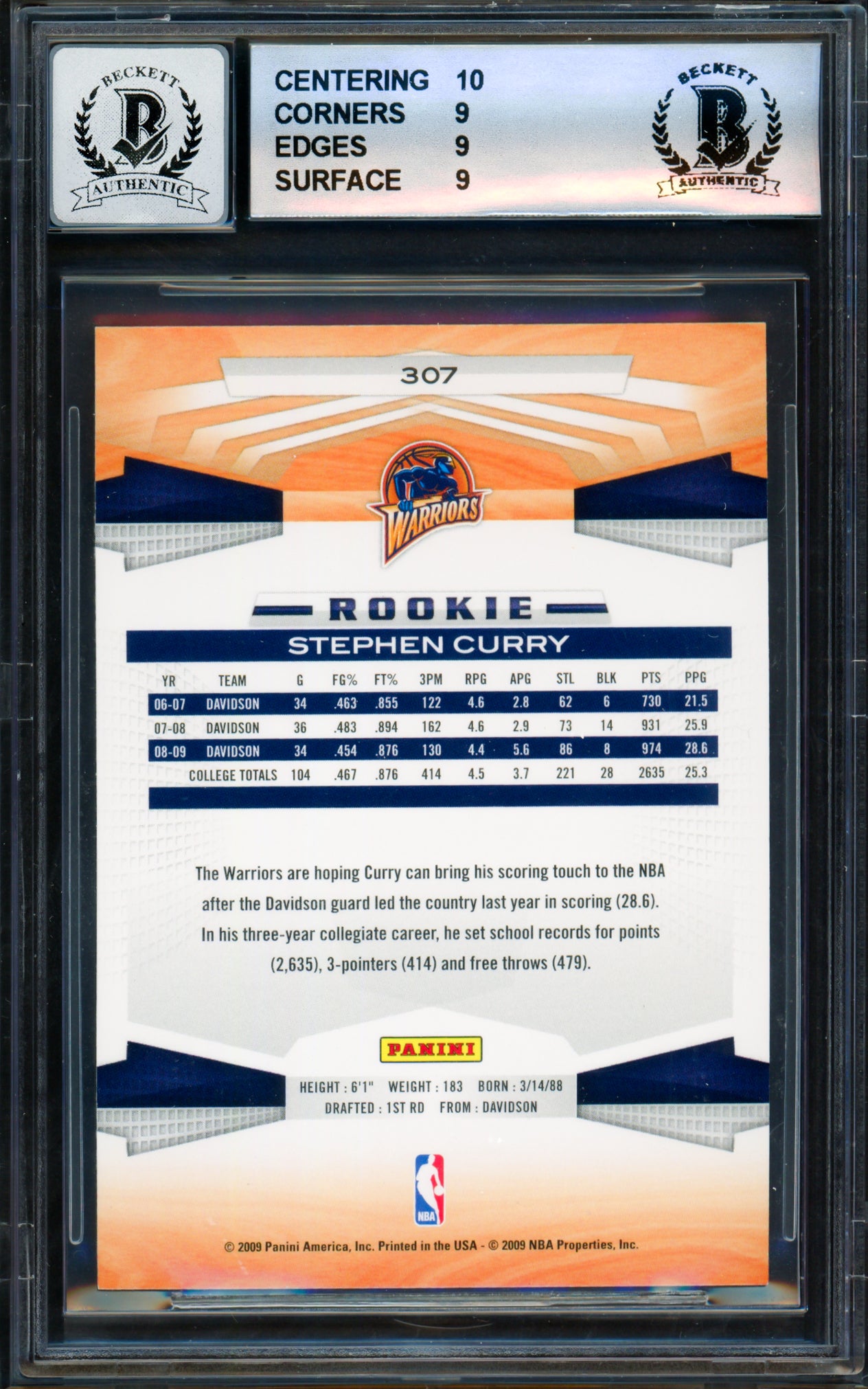 Stephen Curry Autographed 2009-10 Panini Glossy Rookie Card #307 Golden State Warriors BGS 9 Auto Grade Gem Mint 10 Beckett BAS #18113319