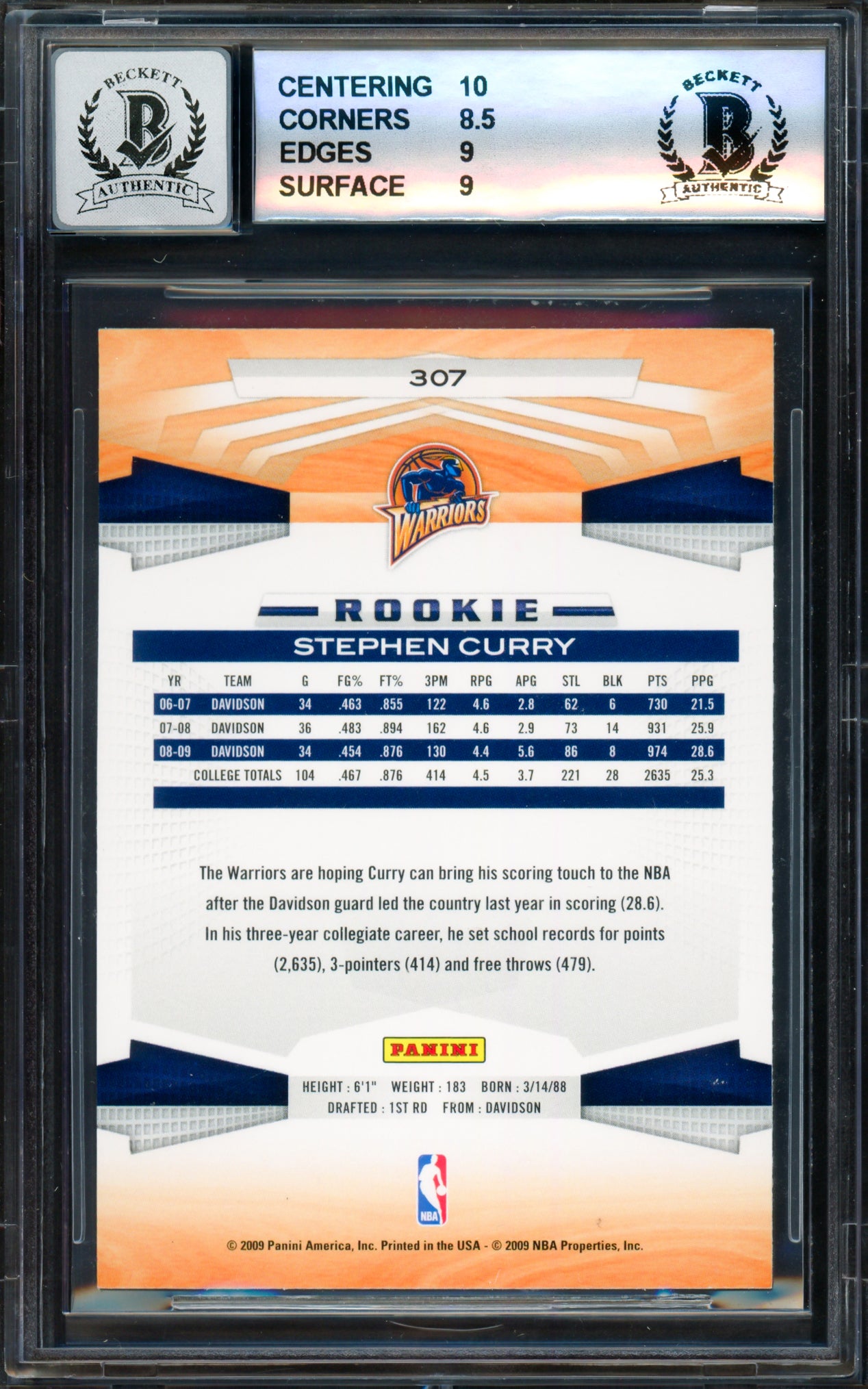 Stephen Curry Autographed 2009-10 Panini Glossy Rookie Card #307 Golden State Warriors BGS 9 Auto Grade Gem Mint 10 Beckett BAS #18113381