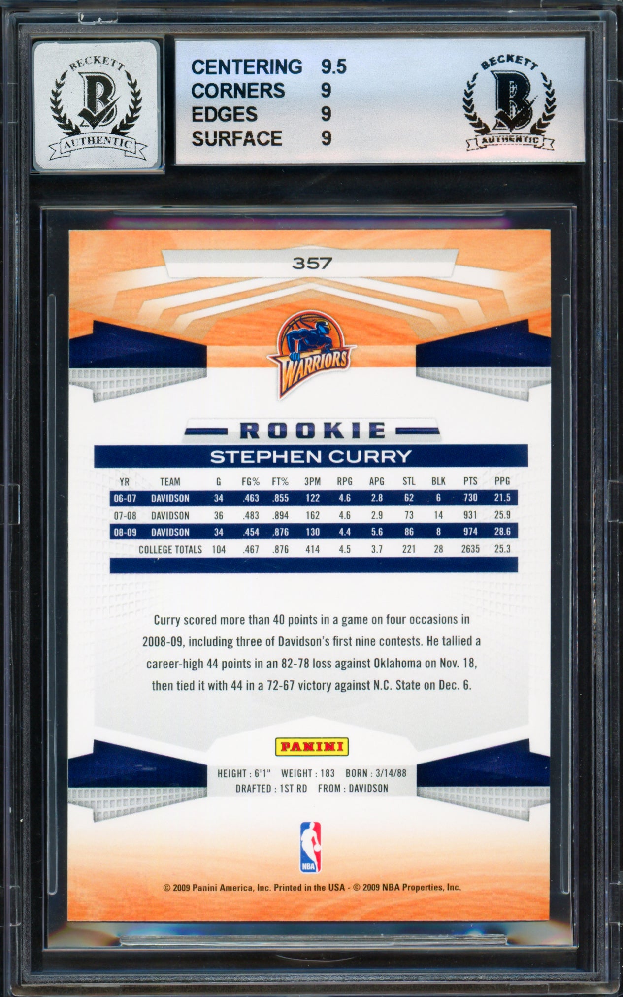 Stephen Curry Autographed 2009-10 Panini Glossy Rookie Card #357 Golden State Warriors BGS 9 Auto Grade Gem Mint 10 Beckett BAS #18113320