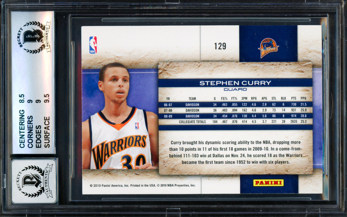 Stephen Curry Autographed 2009-10 Panini Studio Rookie Card #129 Golden State Warriors BGS 9 Auto Grade Gem Mint 10 Beckett BAS #18113360