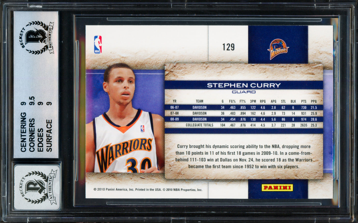 Stephen Curry Autographed 2009-10 Panini Studio Rookie Card #129 Golden State Warriors BGS 9 Auto Grade Gem Mint 10 Beckett BAS #18113301