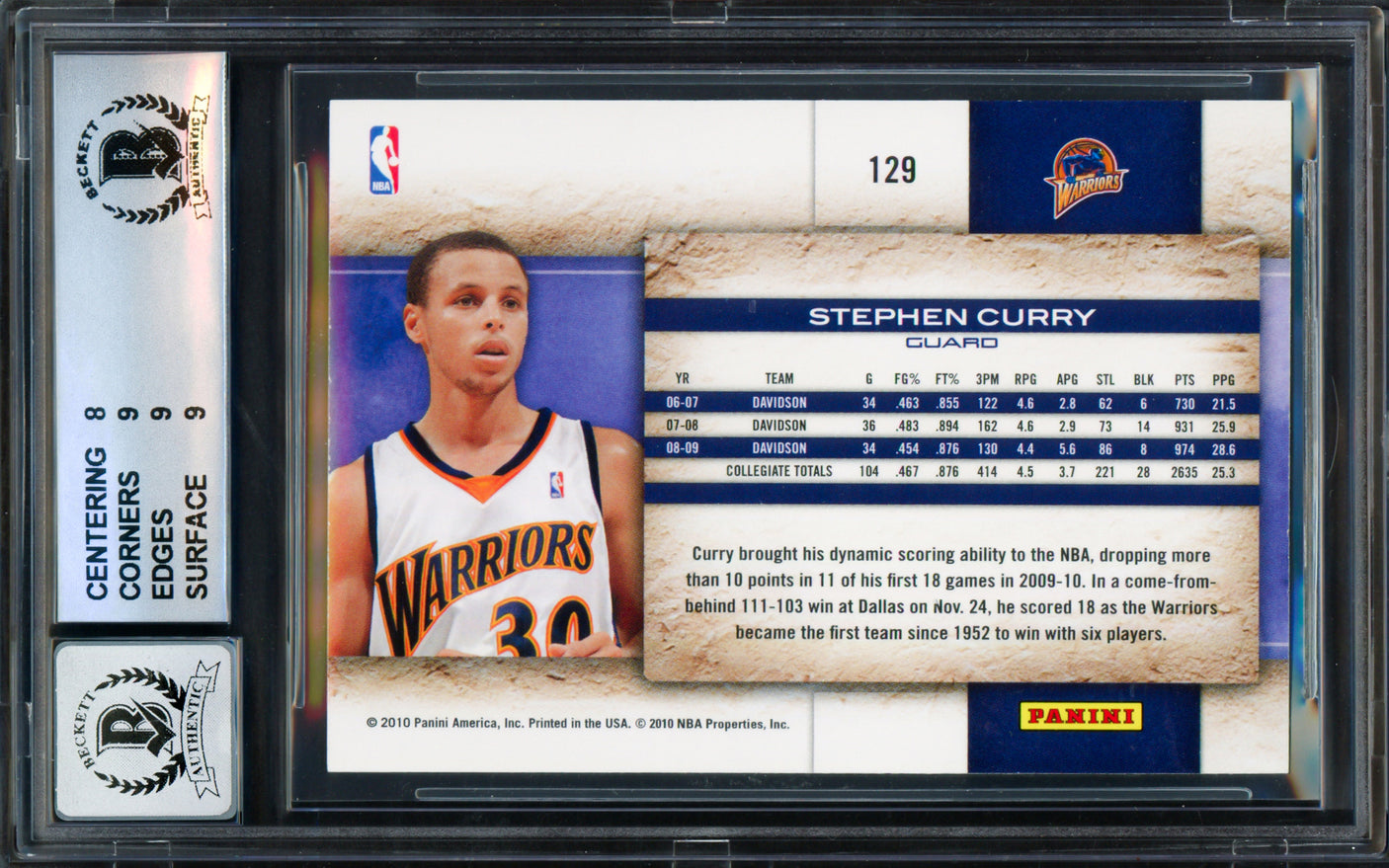 Stephen Curry Autographed 2009-10 Panini Studio Rookie Card #129 Golden State Warriors BGS 8.5 Auto Grade Gem Mint 10 Beckett BAS #18113299