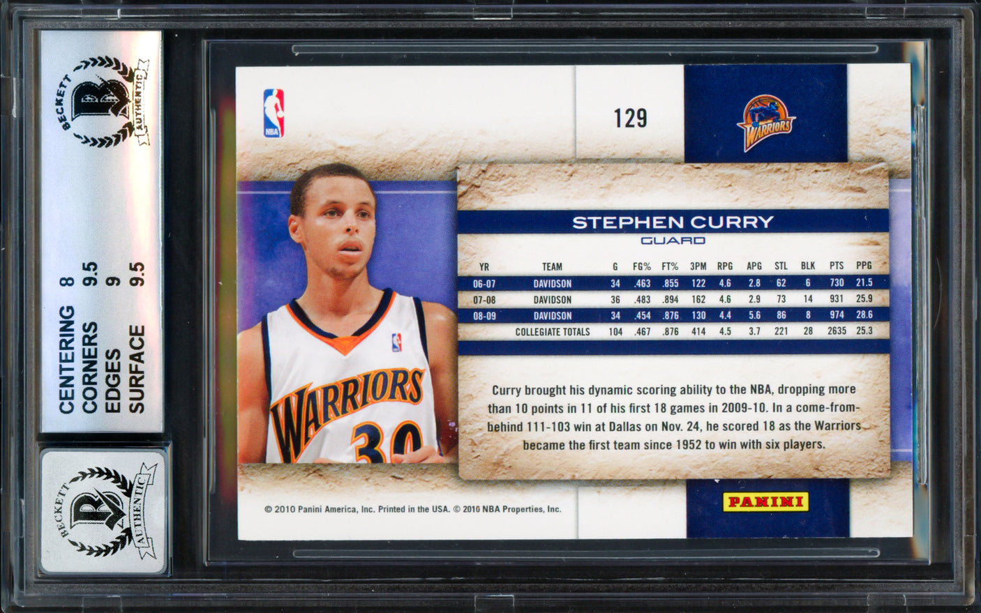 Stephen Curry Autographed 2009-10 Panini Studio Rookie Card #129 Golden State Warriors BGS 8.5 Auto Grade Gem Mint 10 Beckett BAS #18113304