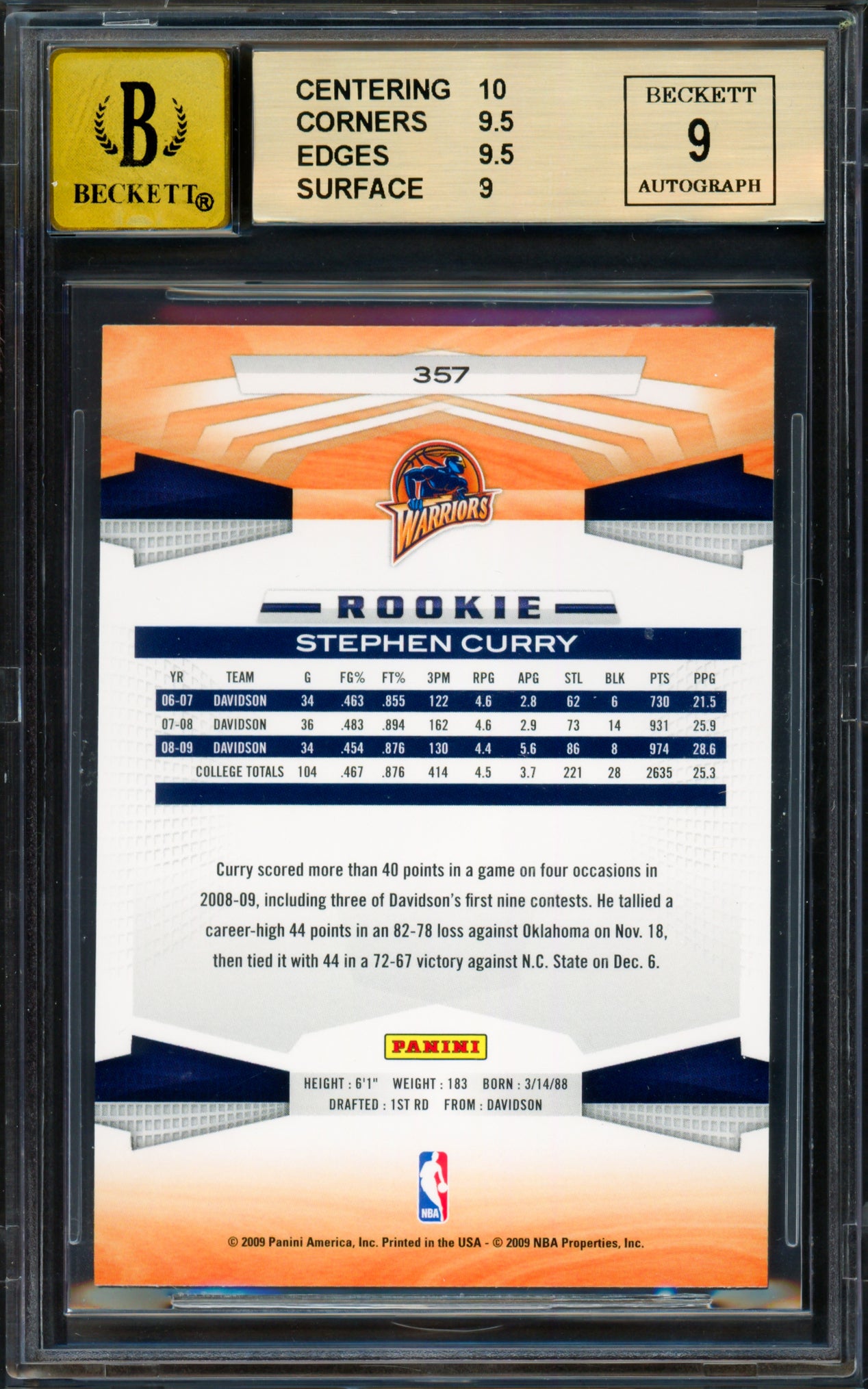 Stephen Curry Autographed 2009-10 Panini Rookie Card #357 Golden State Warriors BGS 9.5 Auto Grade Gem Mint 10 Beckett BAS #18113386