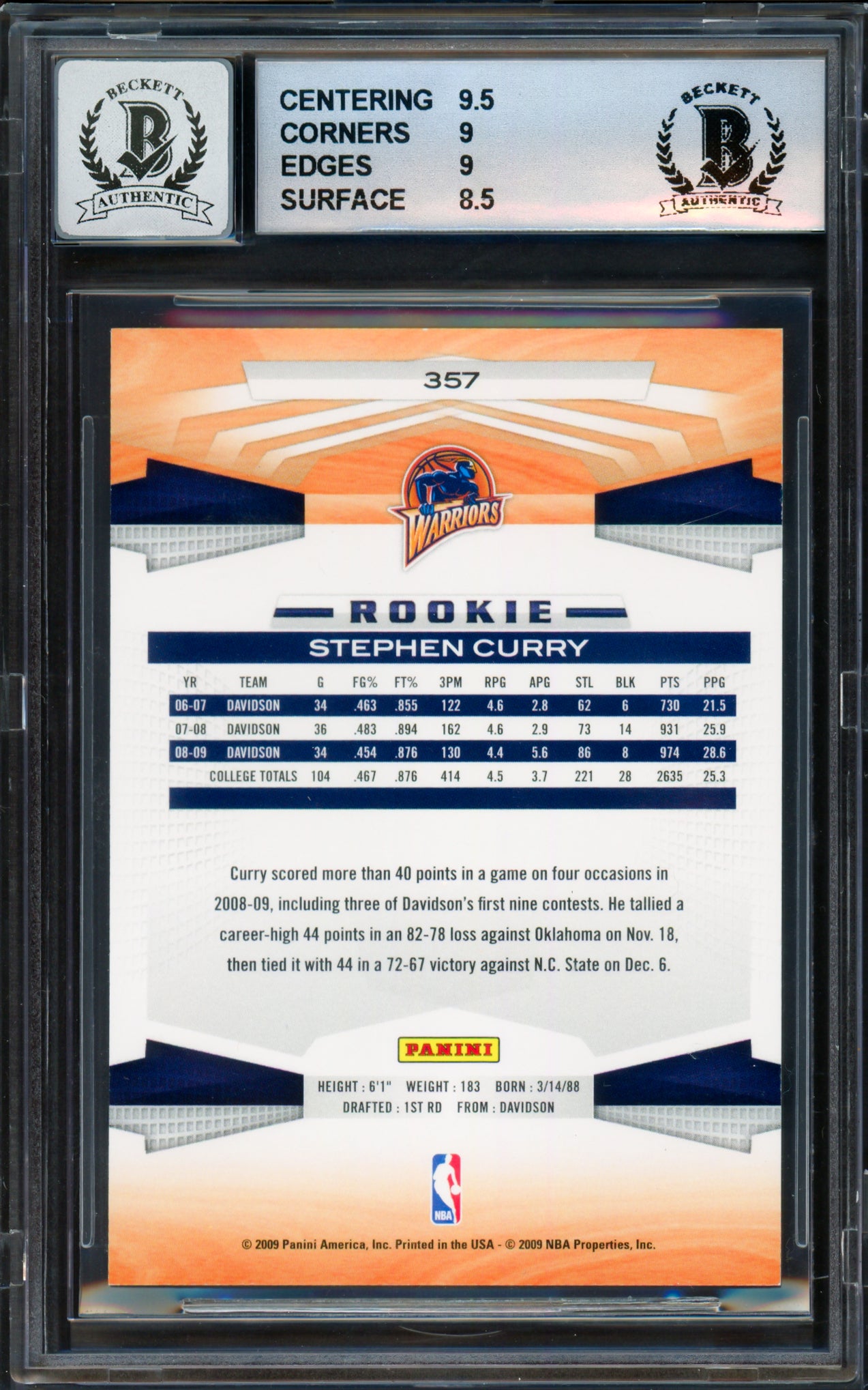 Stephen Curry Autographed 2009-10 Panini Rookie Card #357 Golden State Warriors BGS 9 Auto Grade Gem Mint 10 Beckett BAS #18113329