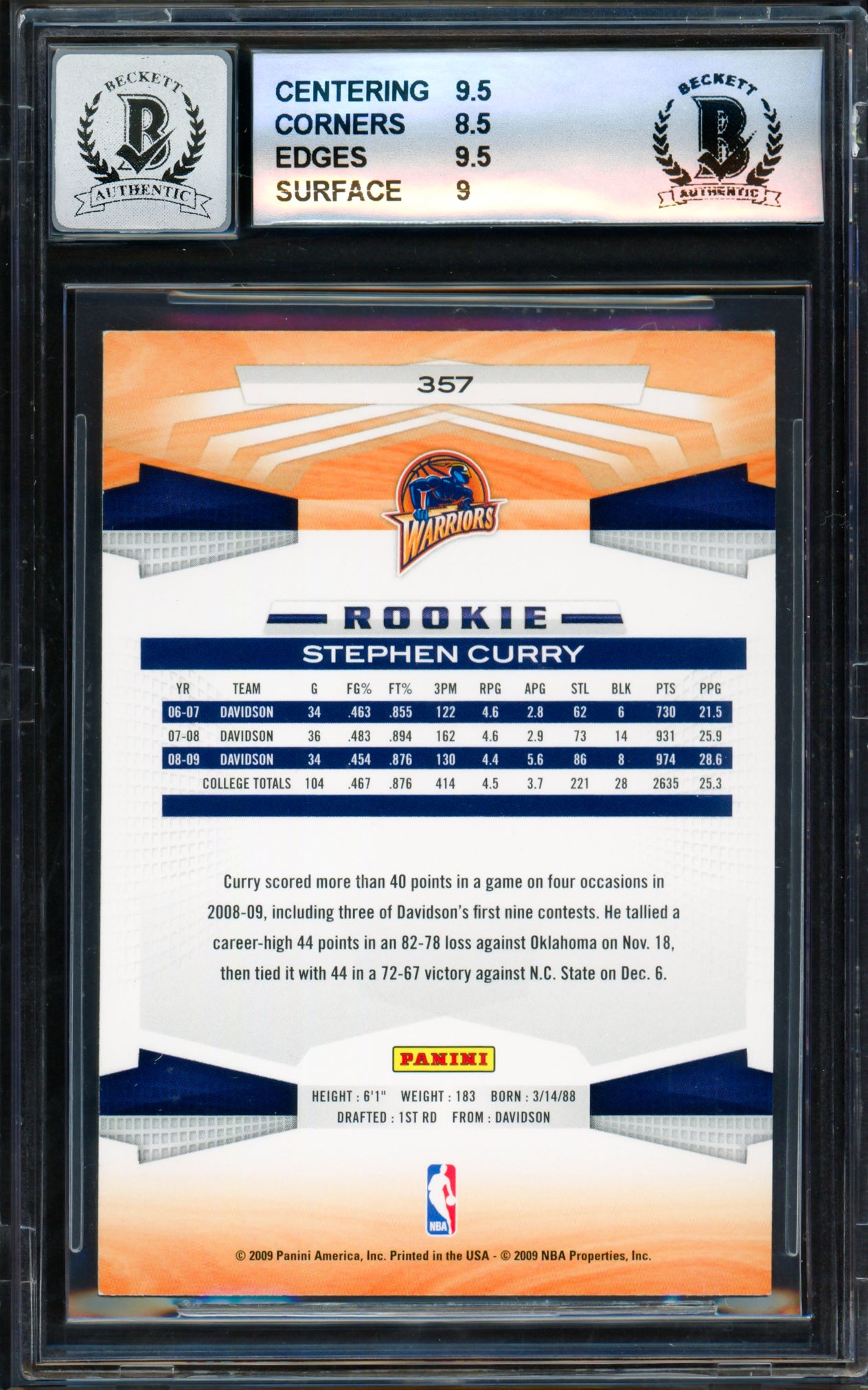 Stephen Curry Autographed 2009-10 Panini Rookie Card #357 Golden State Warriors BGS 9 Auto Grade Gem Mint 10 Beckett BAS #18113385