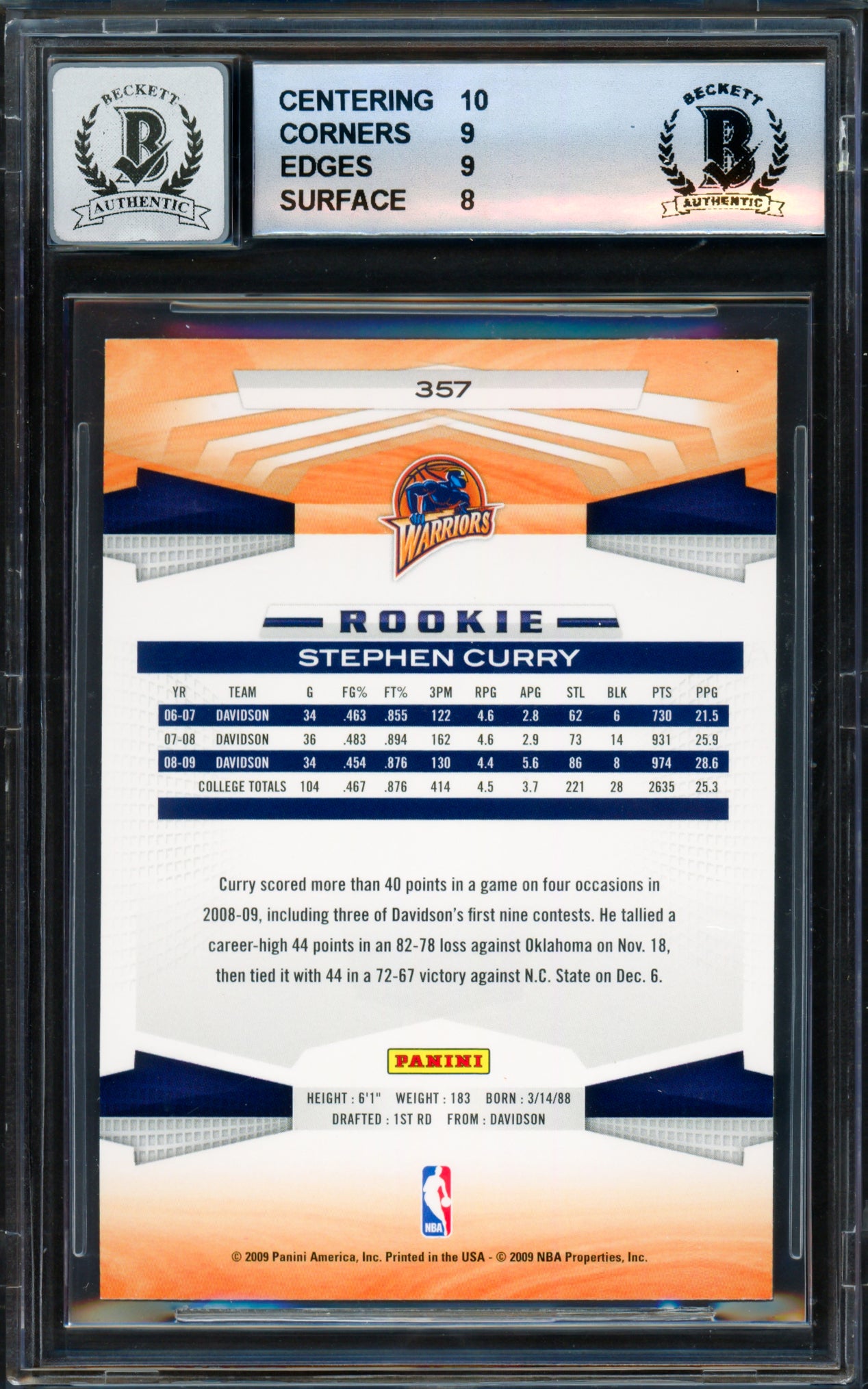 Stephen Curry Autographed 2009-10 Panini Rookie Card #357 Golden State Warriors BGS 8.5 Auto Grade Gem Mint 10 Beckett BAS #18113324