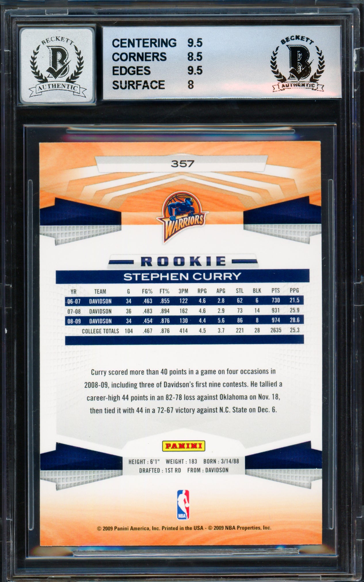 Stephen Curry Autographed 2009-10 Panini Rookie Card #357 Golden State Warriors BGS 8.5 Auto Grade Gem Mint 10 Beckett BAS #18113331