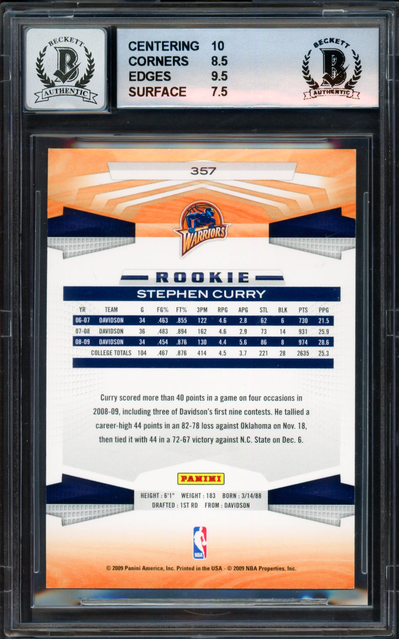 Stephen Curry Autographed 2009-10 Panini Rookie Card #357 Golden State Warriors BGS 8.5 Auto Grade Gem Mint 10 Beckett BAS #18113330