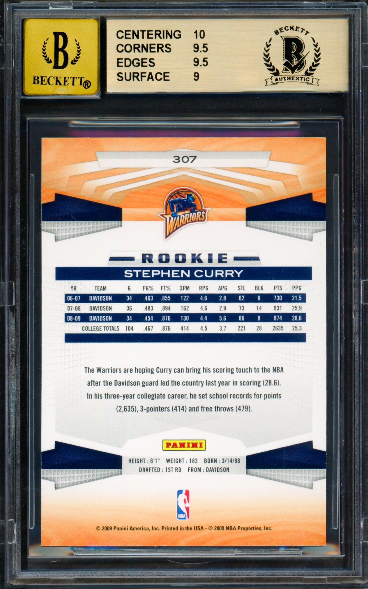 Stephen Curry Autographed 2009-10 Panini Rookie Card #307 Golden State Warriors BGS 9.5 Auto Grade Gem Mint 10 Beckett BAS #18113340