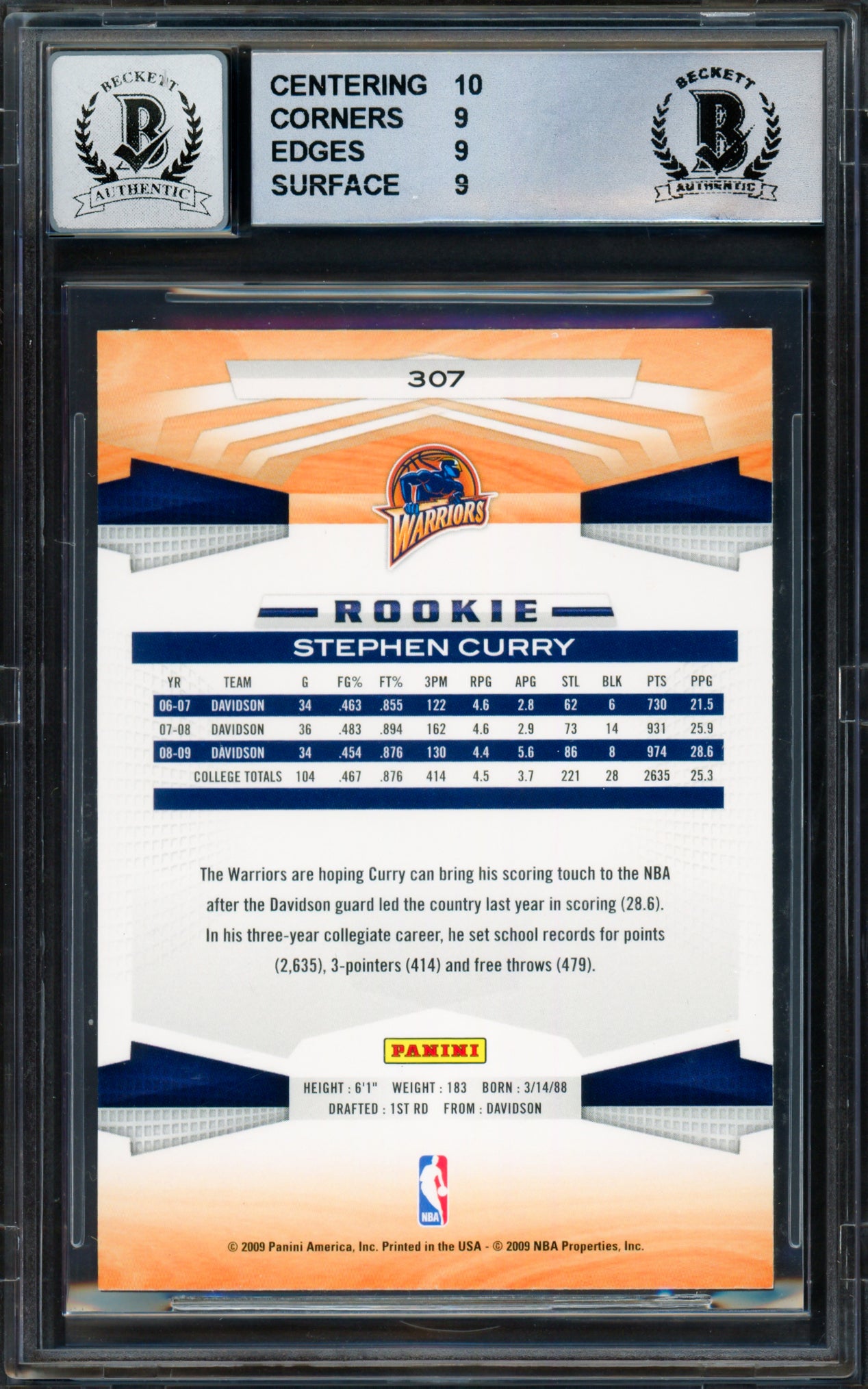 Stephen Curry Autographed 2009-10 Panini Rookie Card #307 Golden State Warriors BGS 9 Auto Grade Gem Mint 10 Beckett BAS #18113334