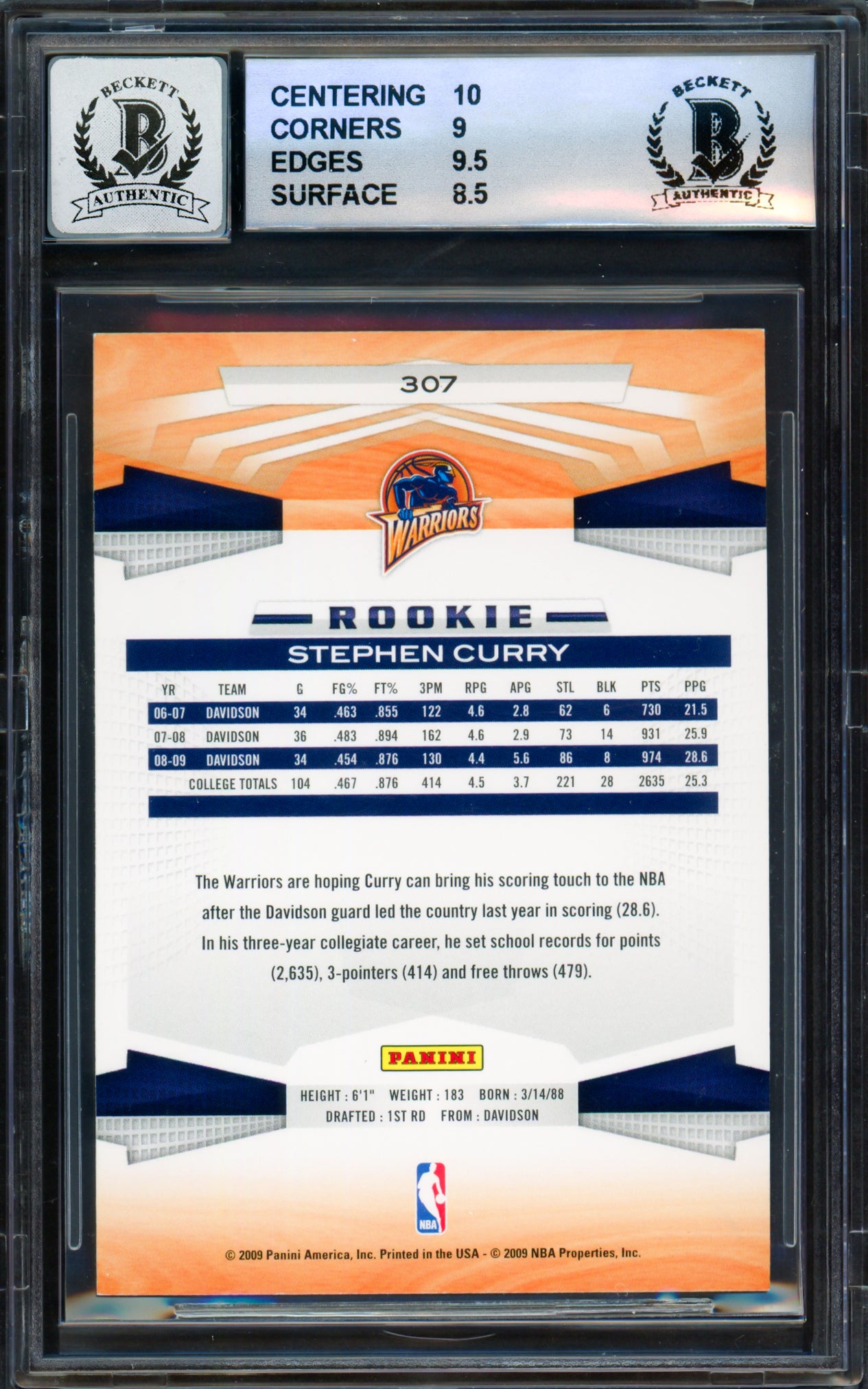 Stephen Curry Autographed 2009-10 Panini Rookie Card #307 Golden State Warriors BGS 9 Auto Grade Gem Mint 10 Beckett BAS #18113338