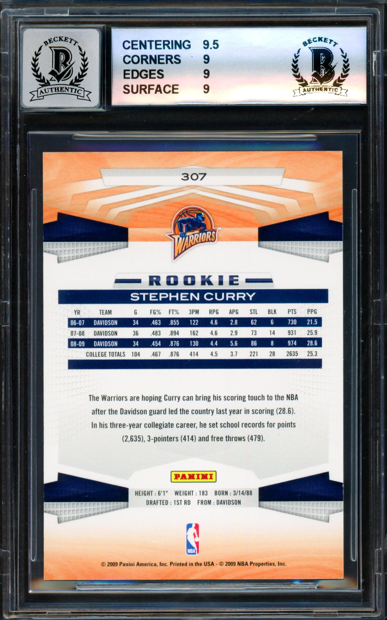 Stephen Curry Autographed 2009-10 Panini Rookie Card #307 Golden State Warriors BGS 9 Auto Grade Mint 9 Beckett BAS #18113391
