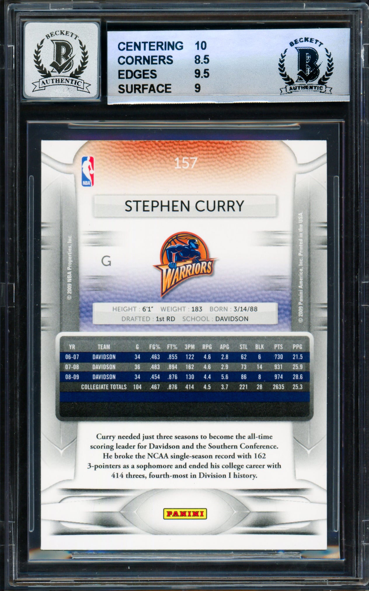 Stephen Curry Autographed 2009-10 Panini Prestige Rookie Card #157 Golden State Warriors BGS 9 Auto Grade Gem Mint 10 Beckett BAS #18113315