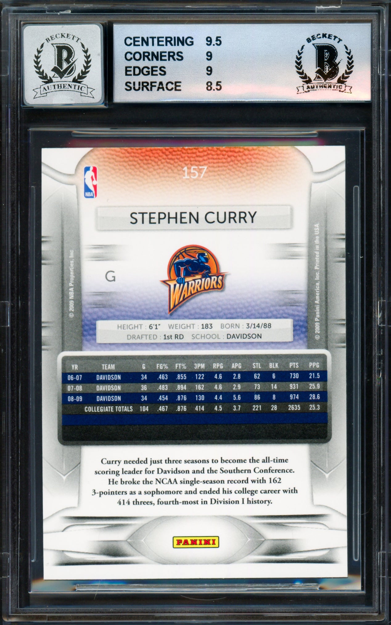Stephen Curry Autographed 2009-10 Panini Prestige Rookie Card #157 Golden State Warriors BGS 9 Auto Grade Gem Mint 10 Beckett BAS #18113316