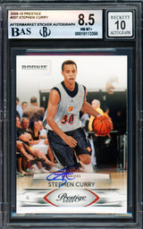 Stephen Curry Autographed 2009-10 Panini Prestige Rookie Card #207 Golden State Warriors BGS 8.5 Auto Grade Gem Mint 10 Beckett BAS #18113358