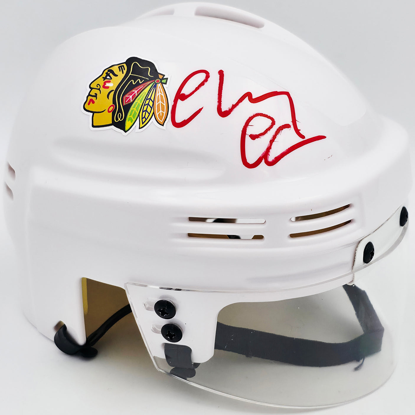 Chevy Chase Autographed Chicago Blackhawks White Speed Mini Helmet Beckett BAS QR #AD34216