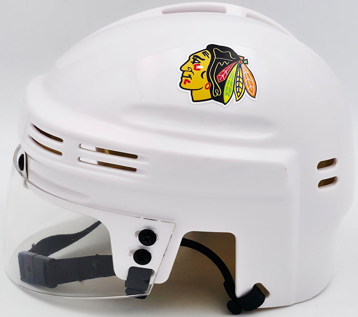 Chevy Chase Autographed Chicago Blackhawks White Speed Mini Helmet Beckett BAS QR #AD34216