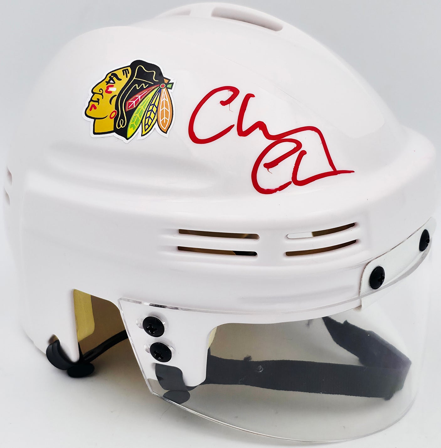 Chevy Chase Autographed Chicago Blackhawks White Speed Mini Helmet Beckett BAS QR #AD34226