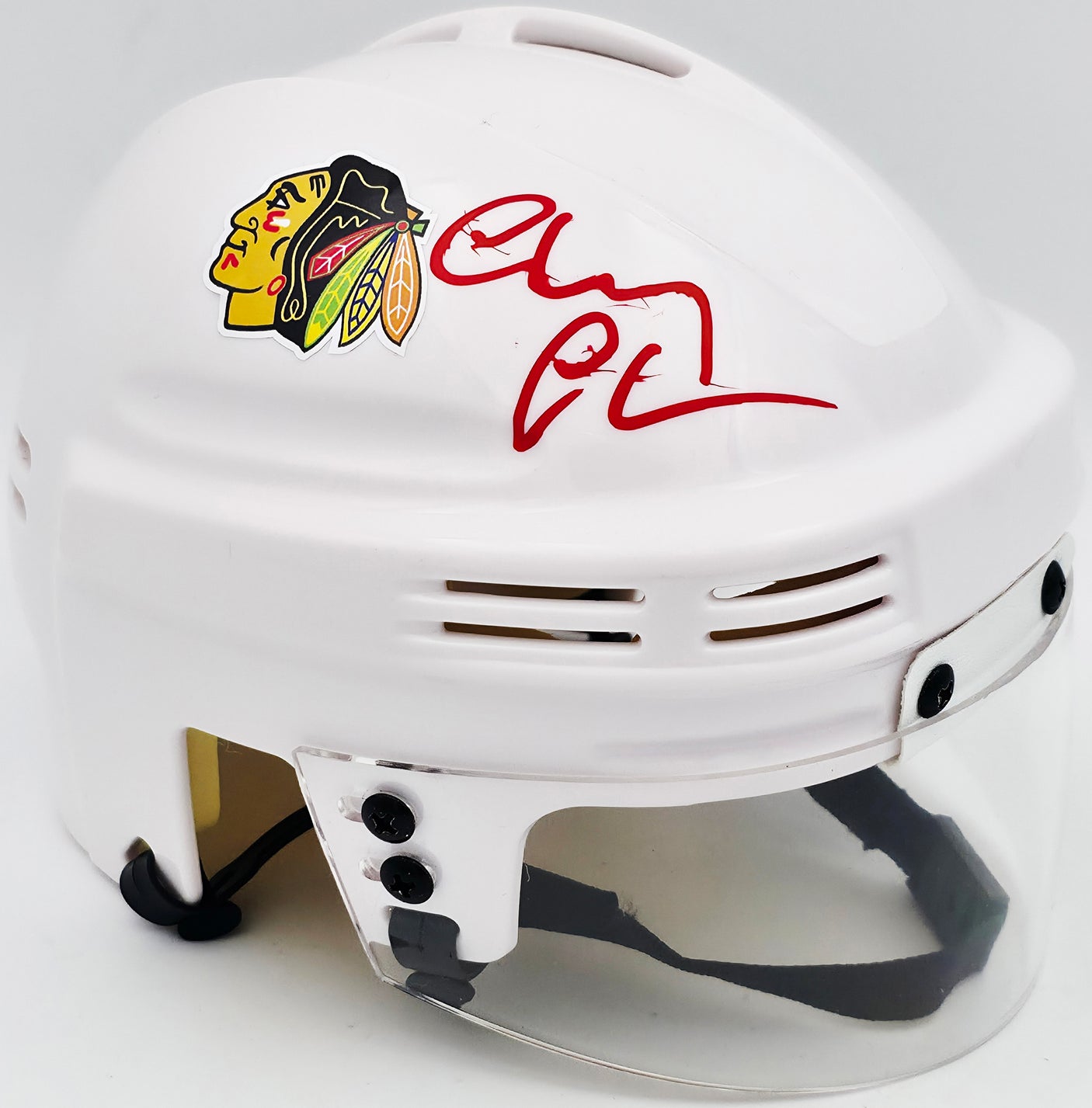 Chevy Chase Autographed Chicago Blackhawks White Speed Mini Helmet Beckett BAS QR #AD34233