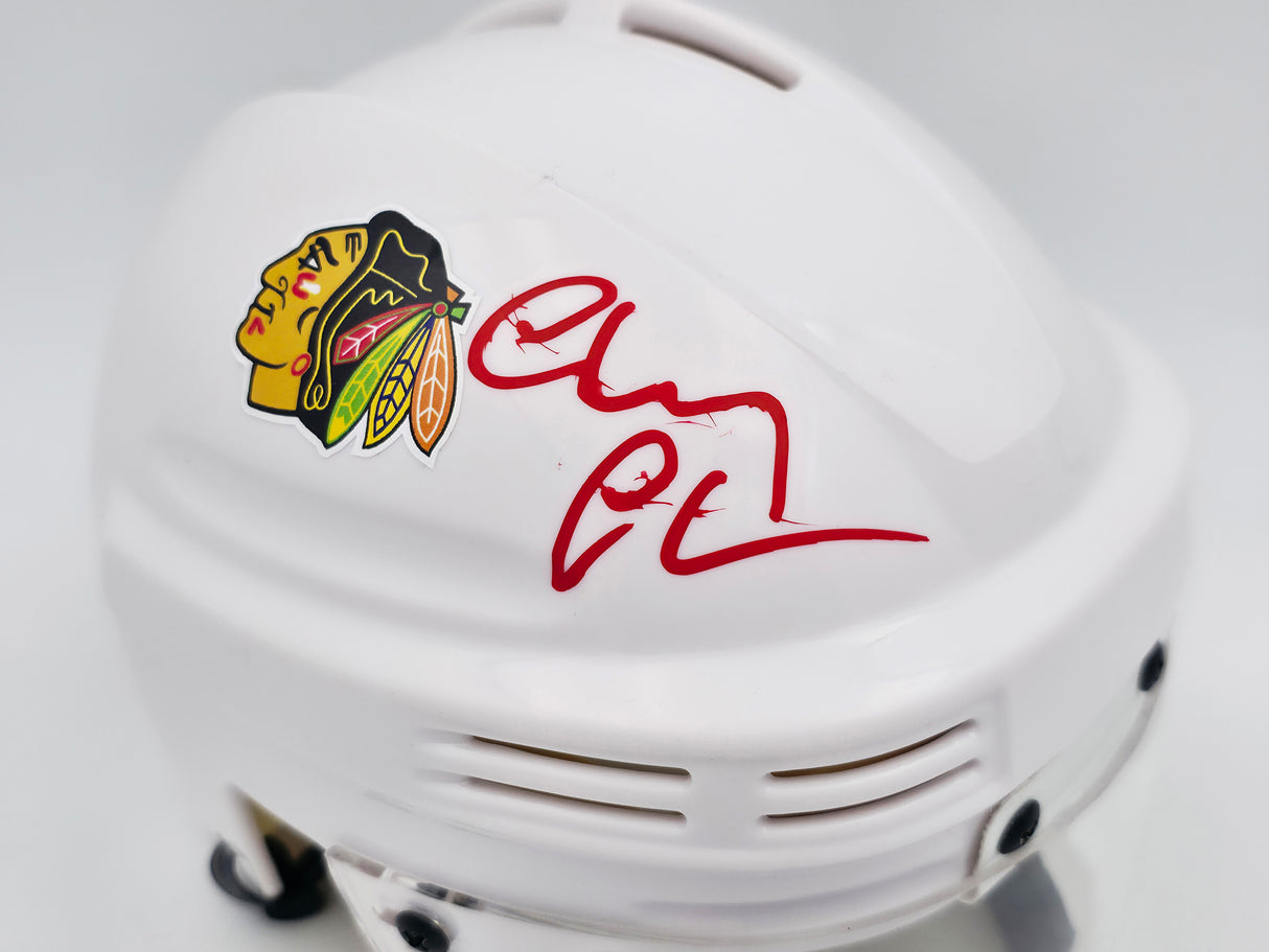 Chevy Chase Autographed Chicago Blackhawks White Speed Mini Helmet Beckett BAS QR #AD34233