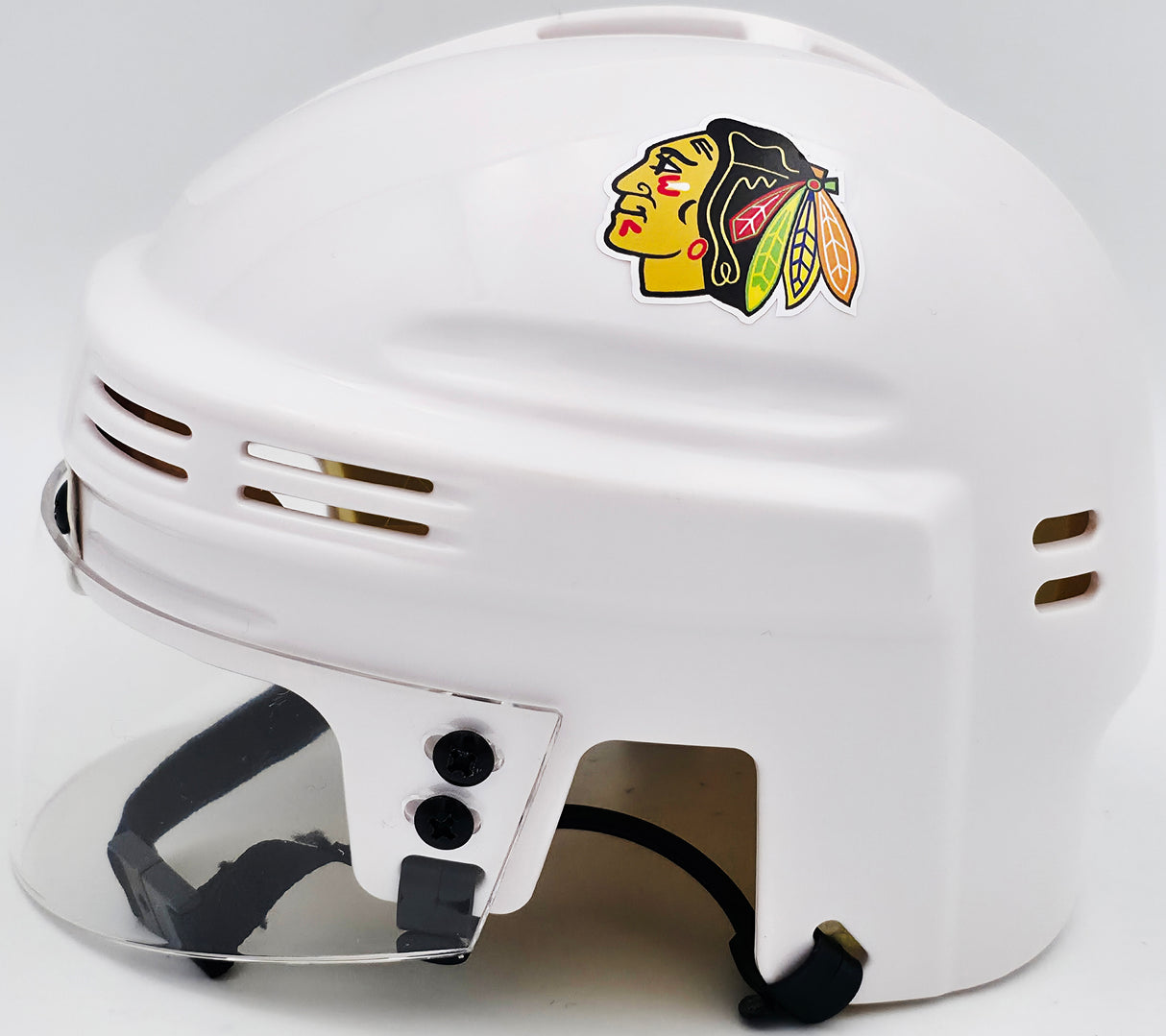 Chevy Chase Autographed Chicago Blackhawks White Speed Mini Helmet Beckett BAS QR #AD34233
