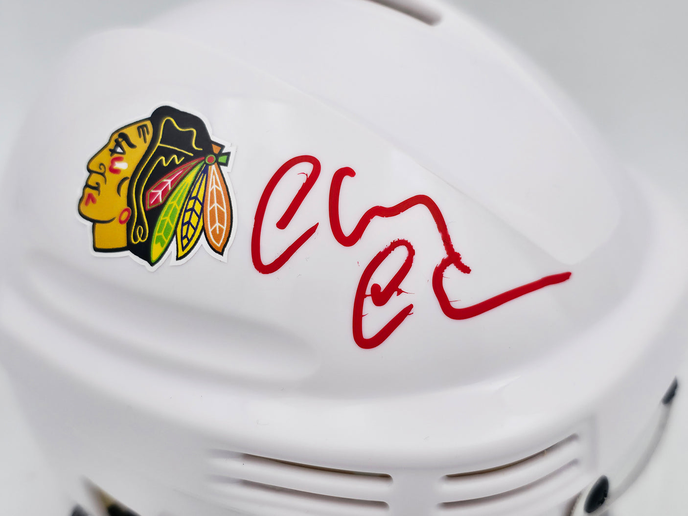 Chevy Chase Autographed Chicago Blackhawks White Speed Mini Helmet Beckett BAS QR #AD34238