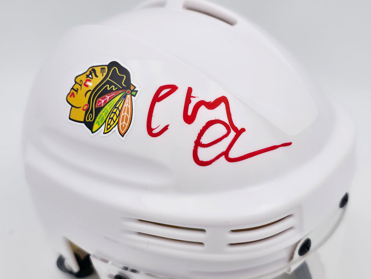 Chevy Chase Autographed Chicago Blackhawks White Speed Mini Helmet Beckett BAS QR #AD34234