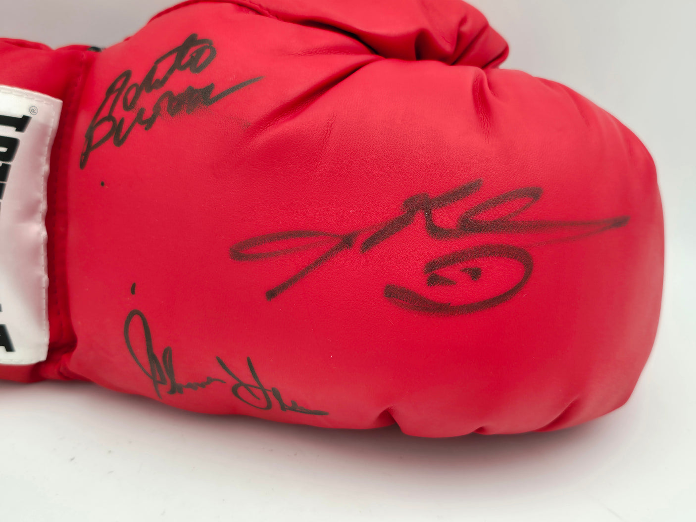 Boxing Greats Autographed Black Everlast Boxing Glove Signed By Sugar Ray Leonard, Thomas "Hitman" Hearns & Roberto Duran RH PSA/DNA #5A17055