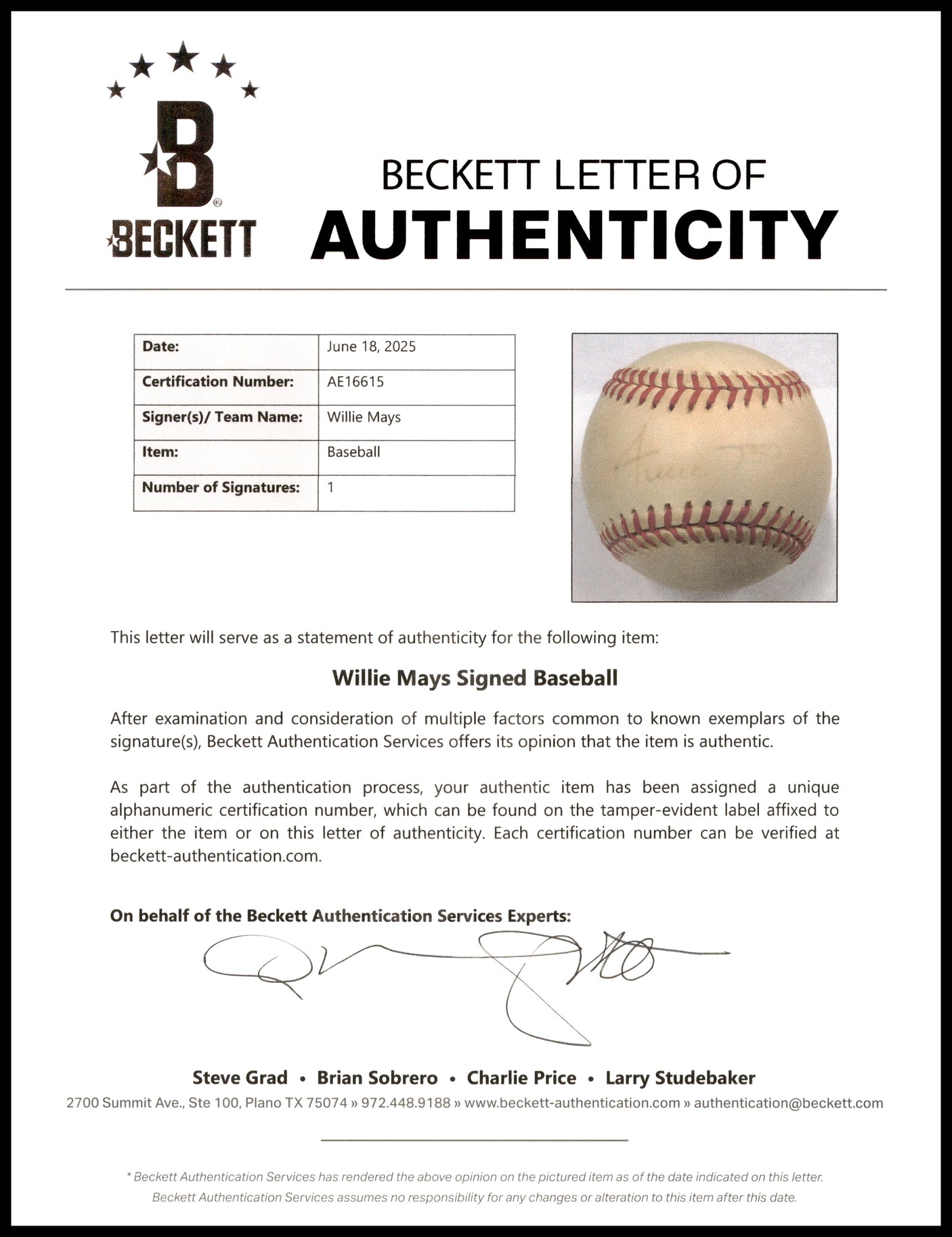 Willie Mays Autographed Official NL Baseball San Francisco Giants (Light) Beckett BAS #AE16615